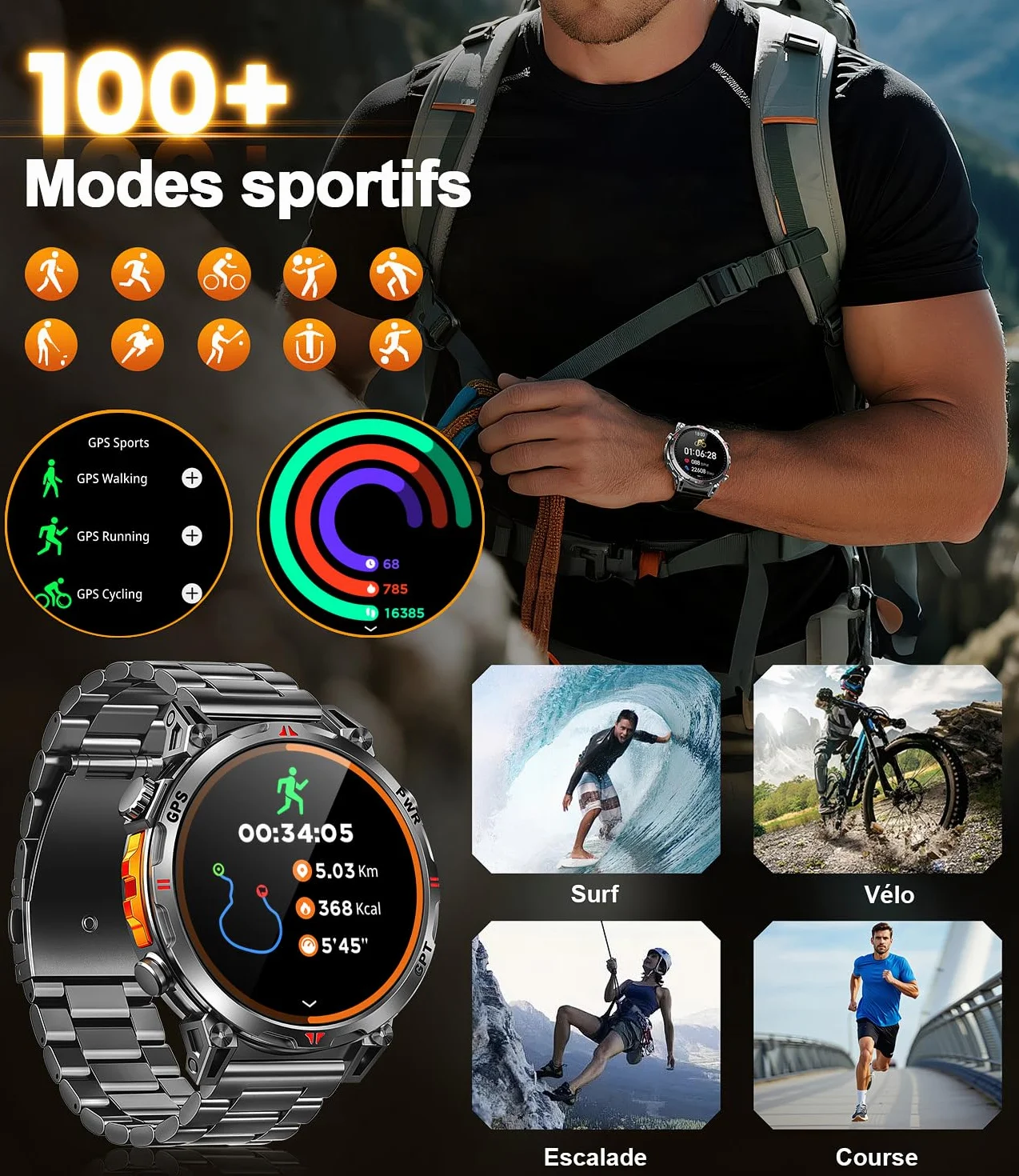 Montre Connectée Homme GPS intégré, AMOLED Appel Bluetooth, Montre Connectée pour Android et iPhone, 100+ Modes Sportifs, 3ATM étanche Montre Sport Homme avec Boussole (1.6)
