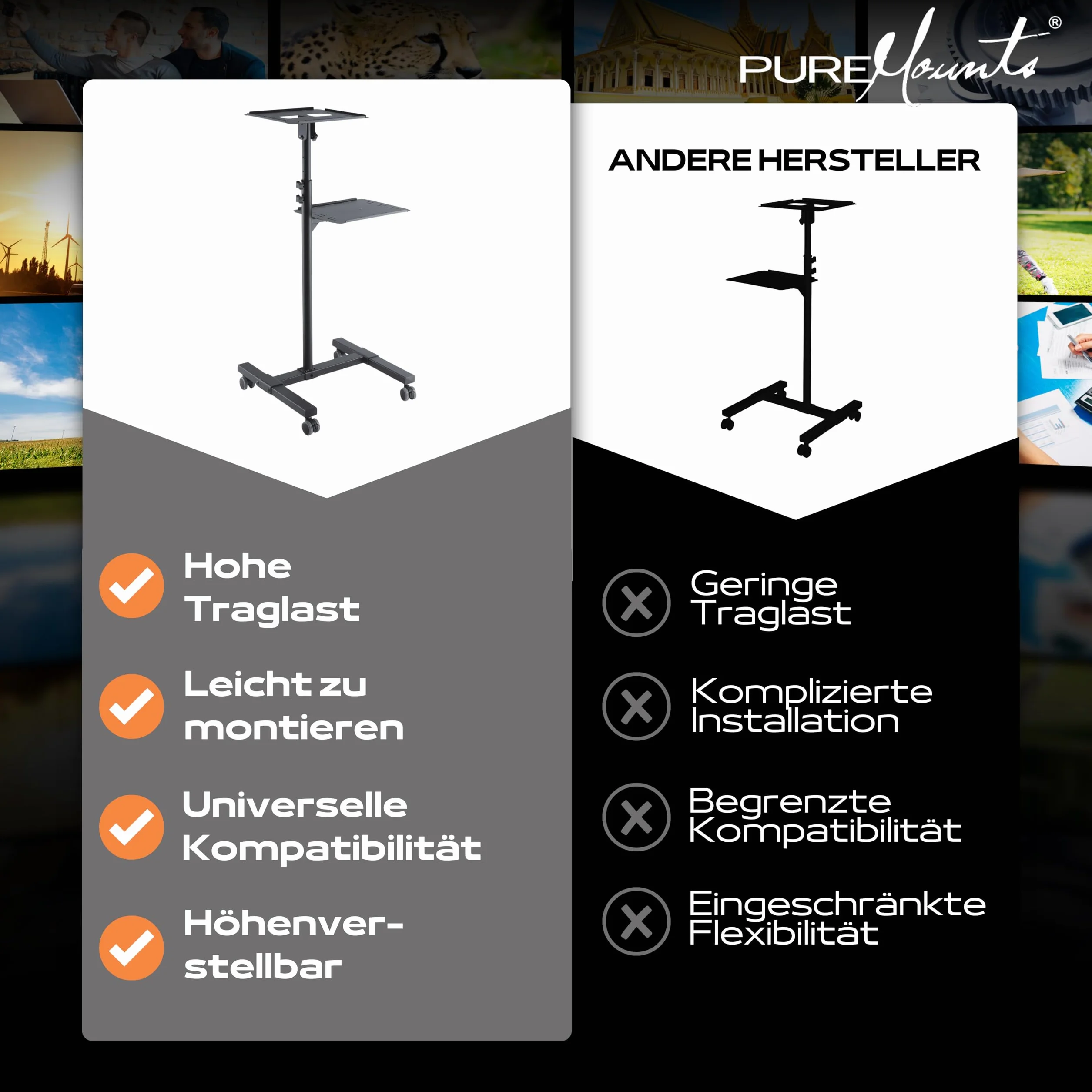 PureMounts PM-PCART-10 Chariot de Projection inclinable réglable 950-1450 mm, roulettes verrouillables, charge 10 kg, Noir