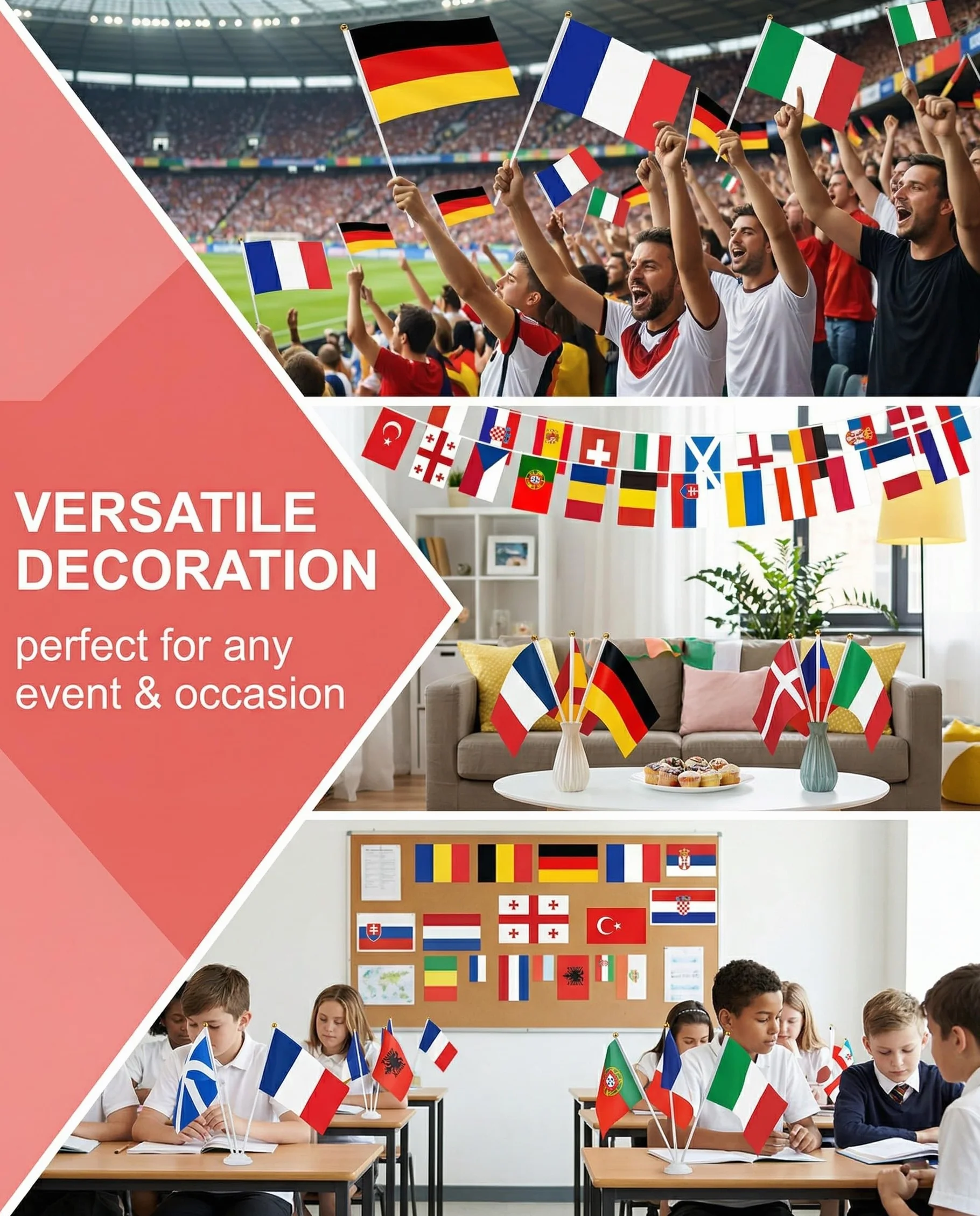 Drapeaux Européens 24 Pcs Hampe – Fanions Double Face Coupe du Monde 2026 Eurovision