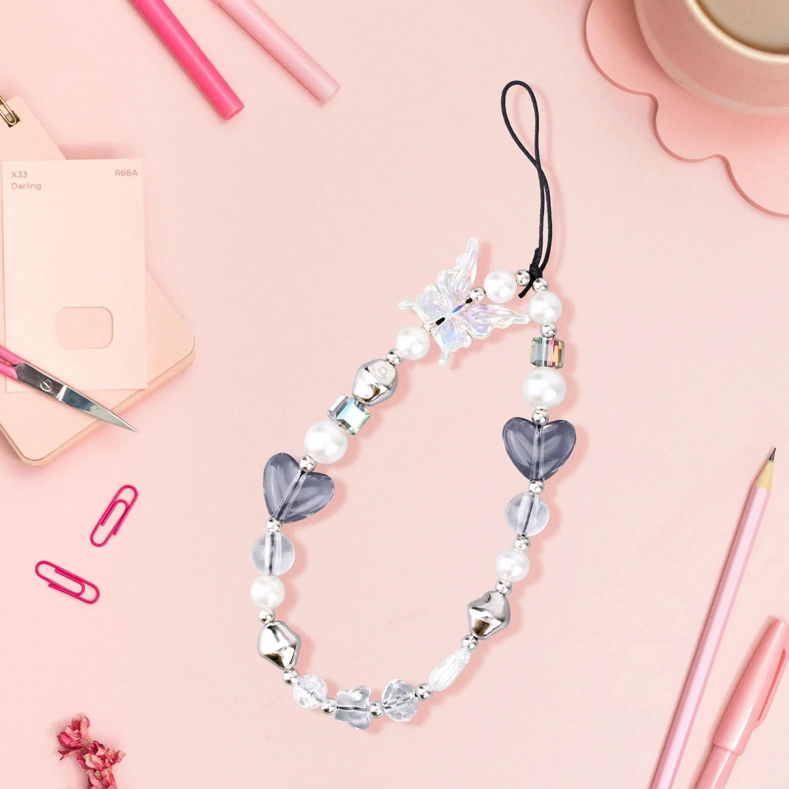 Gosknor Sangle de Téléphone à Perles, Joli Bracelet de Téléphone Portable Y2K en Forme de Cœur et de Papillon pour Portefeuilles Appareils Photo Porte-Clés Sacs à Dos Accessoires