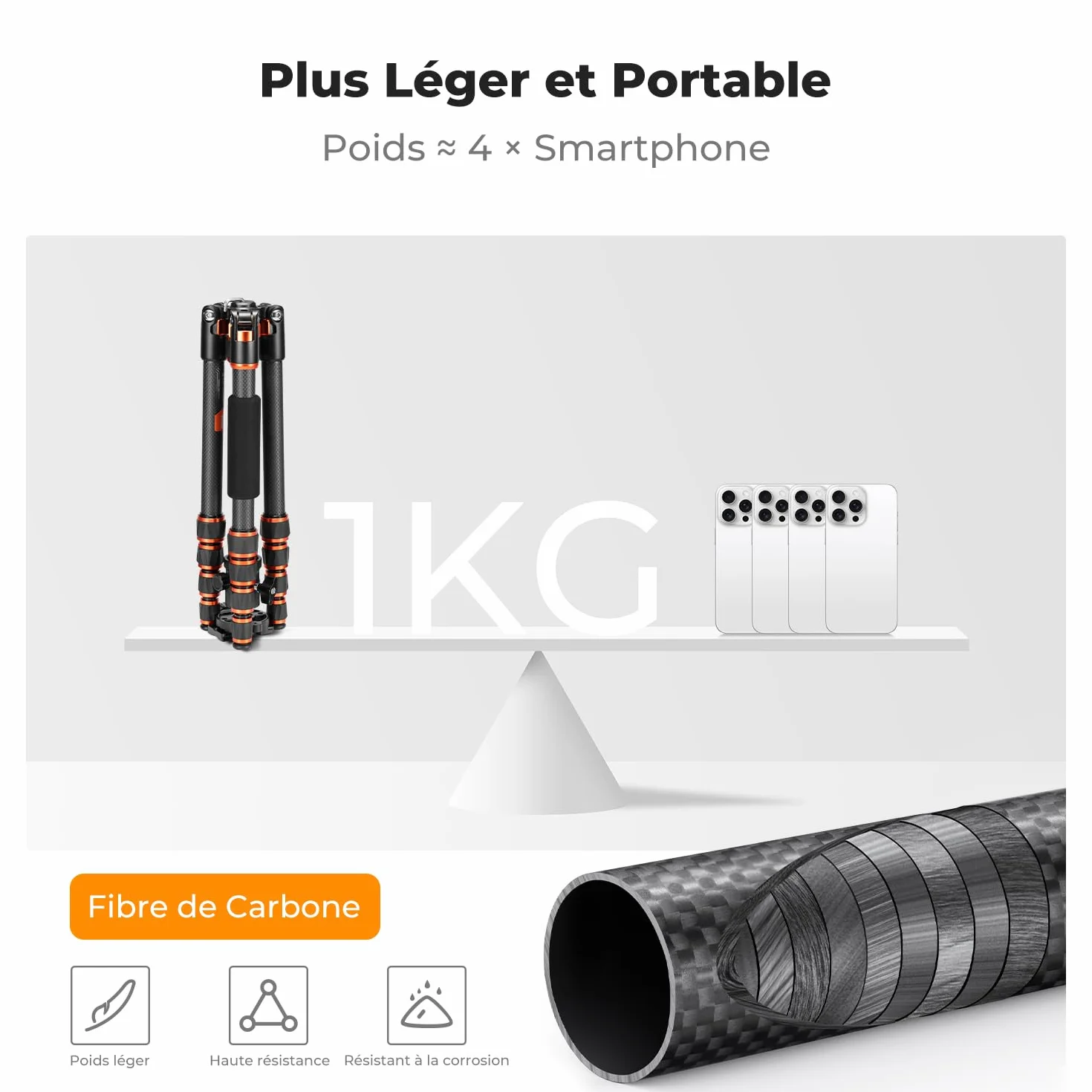 K&F Concept Trepied Carbone Monopode Appareil Photo 153cm, Trépied Professionel Compact A225C0 pour DSLR, Trepied Voyage Leger 5 Sections avec Rotule Metal Sac Transport Inclus Max:8kg