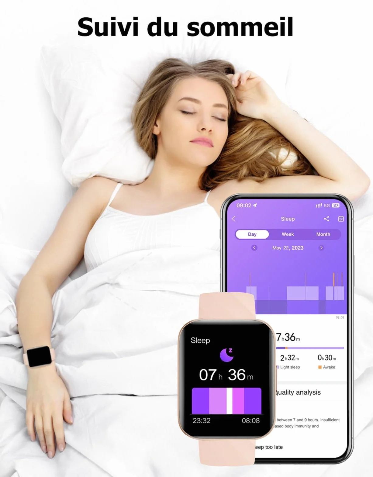 Montre Connectée Femme Appel Bluetooth Podometre Cardiofrequencemetre Oxymetre Montre Sport Etanche IP68 Cycle Menstruel Suivi Sommeil Calories Notification pour Samsung iPhone Xiaomi Android iOS Rose