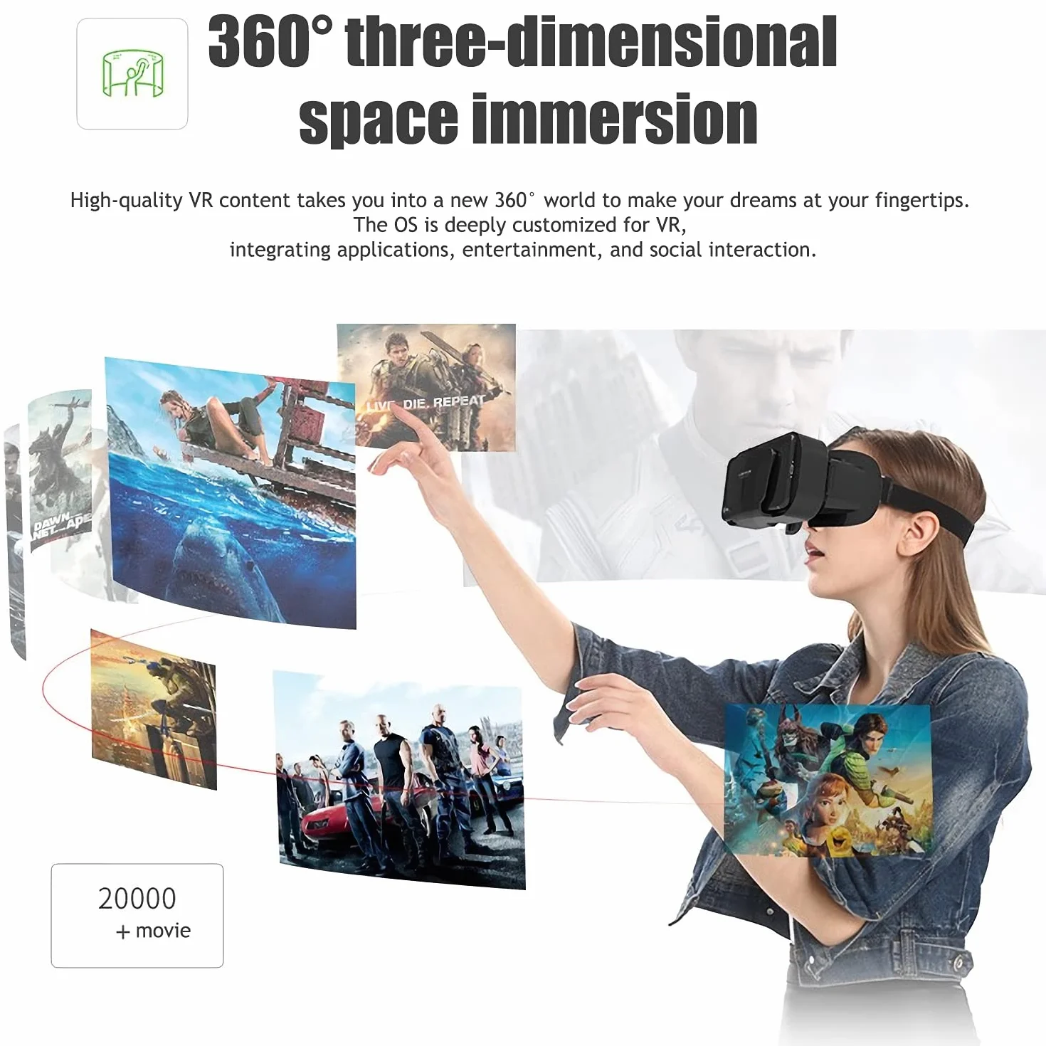 Casque VR 2K HD Anti-Lumière Bleue Compatible iPhone Android pour Jeux Films Noir