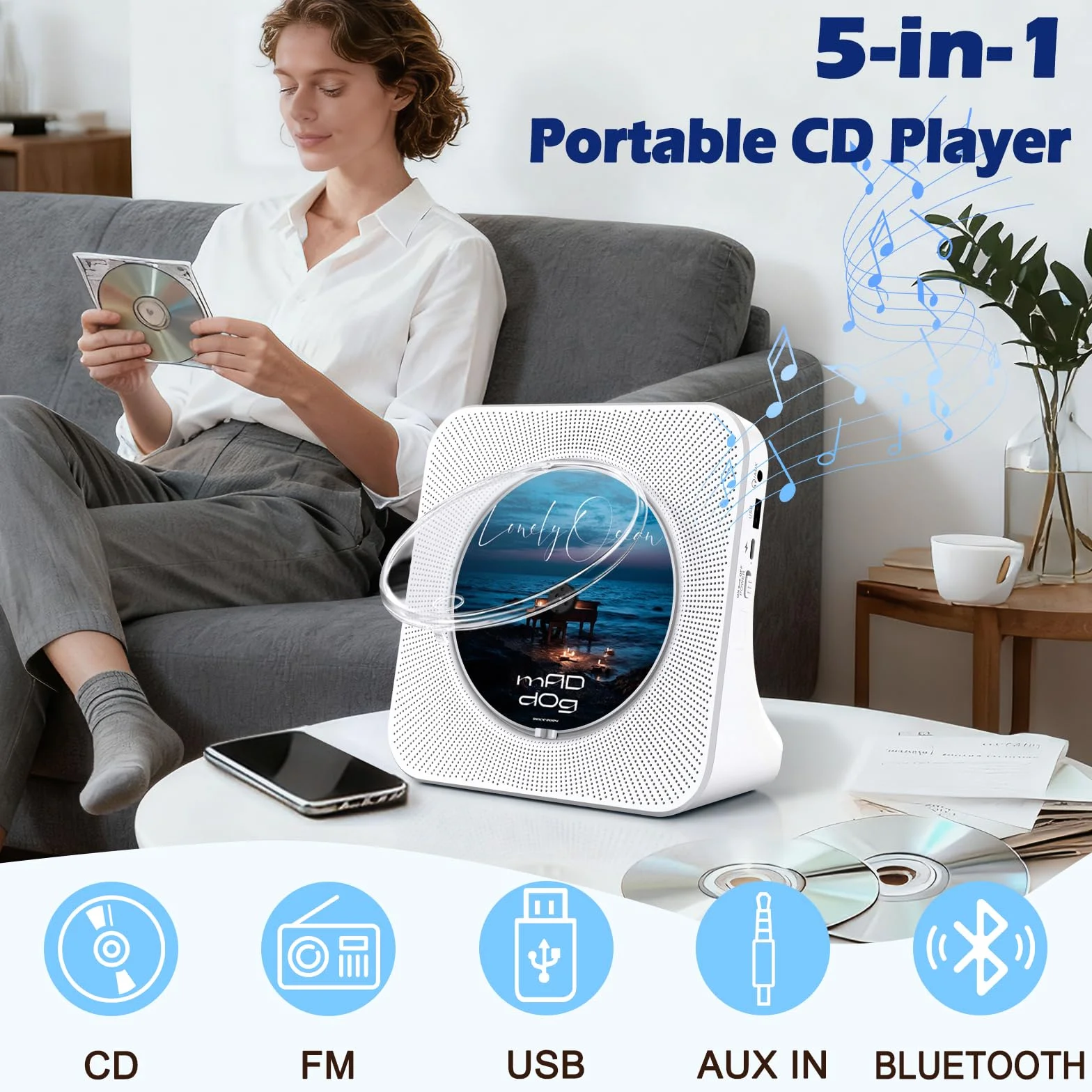 Lecteur CD Bluetooth Portable avec Radio FM, Haut-Parleurs Double, USB/AUX, Télécommande