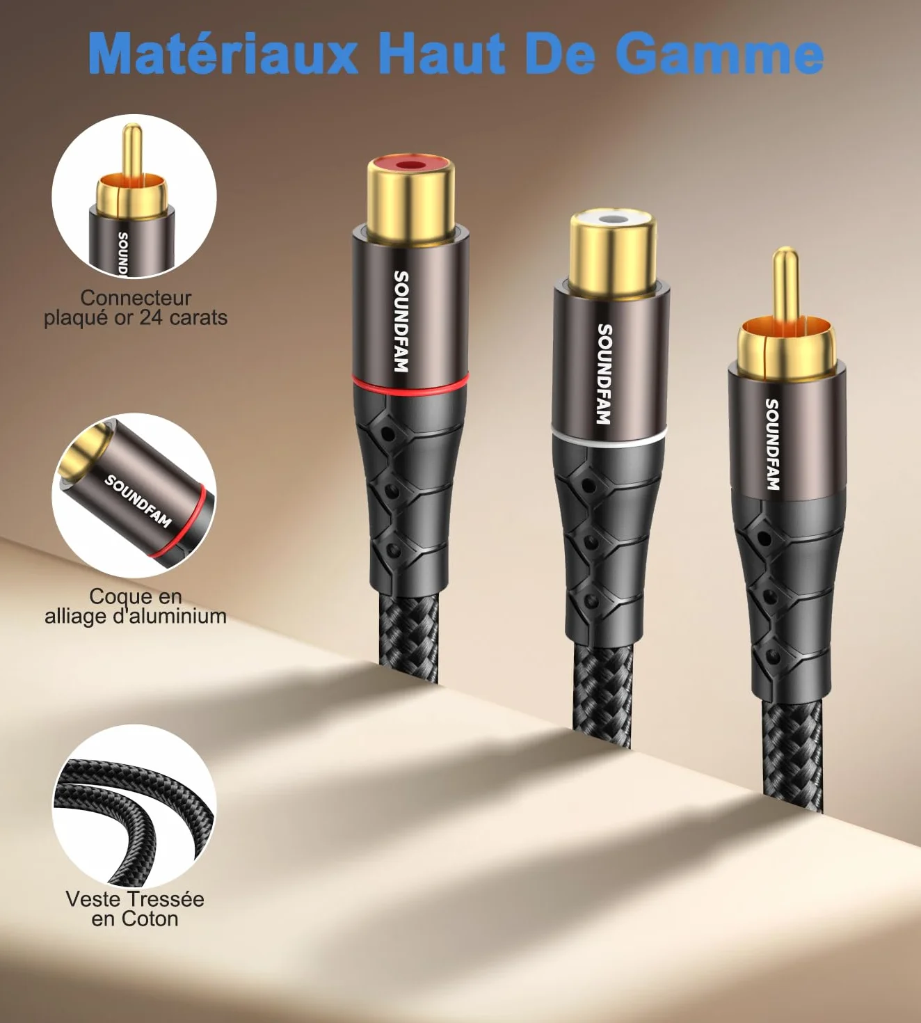 Répartiteur RCA Y Câble Répartiteur RCA/Phono SOUNDFAM 1 Mâle vers 2 Femelles Fiche Plaquée or Répartiteur Cinch​ Adaptateur Stéréo Y Pour Caisson de Basses, TV, Lecteur CD, Home Cinéma - Noir (30 cm)