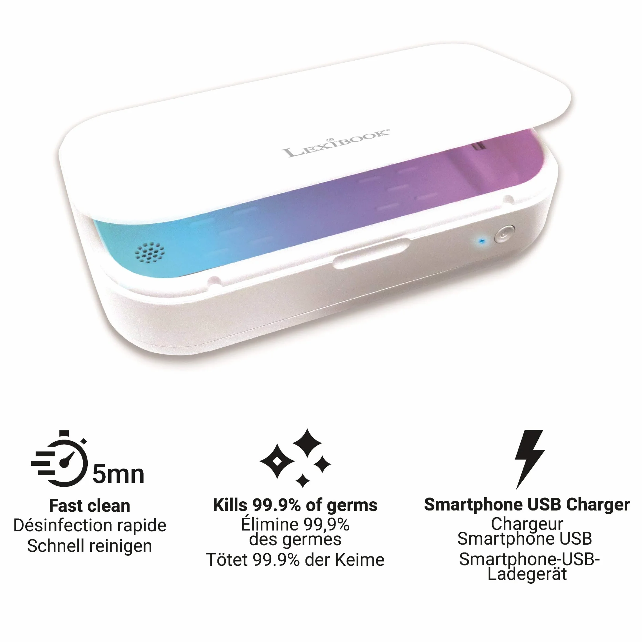 Lexibook LexibookStérilisateur UV - Boîte Stérilisatrice pour Désinfecter Masques, Smartphones, Clés, Écouteurs - Box Lampe UV Stérilisation Rapide 5 Minutes - Aromathérapie - Blanc, UVS100