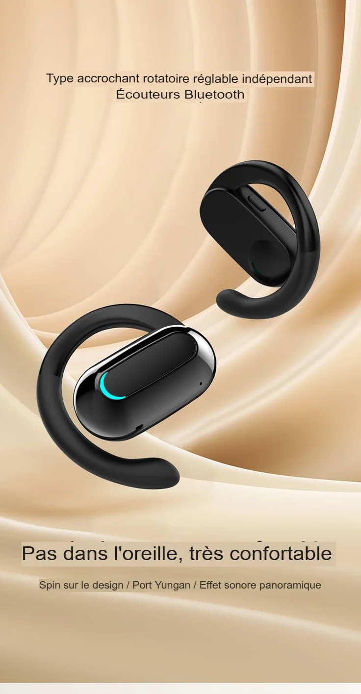 Clip Oreillette Bluetooth 5.2 sans Fil - 75 mAh, 15H Écoute, Recharge USB-C, Clip Oreille Ouvert, Confortable, Idéale Télétravail & Sport. (Noir)