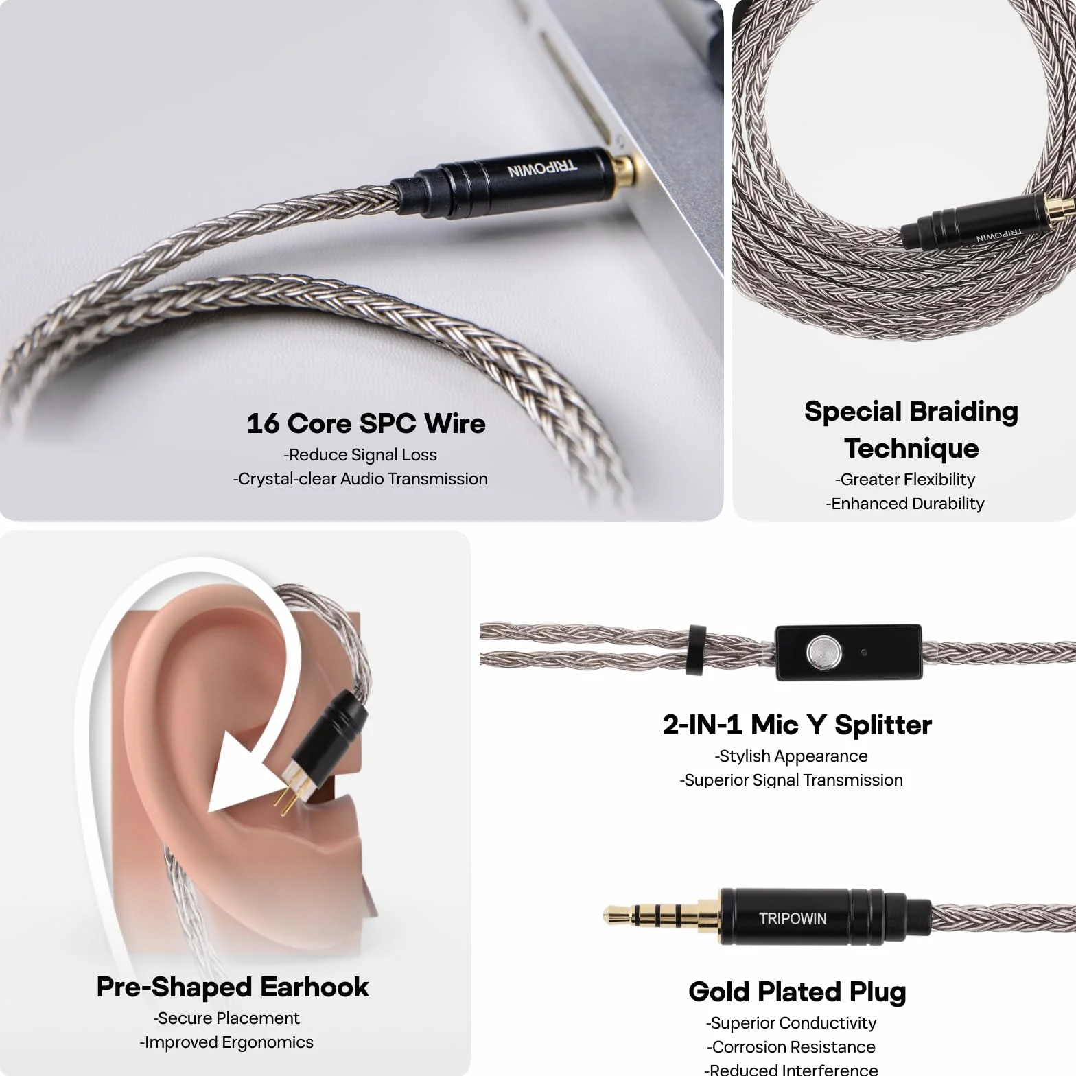Linsoul Tripowin Zonie Câble de Mise à Niveau des IEMs HiFi, avec Omni Mic, Câble d’écouteur SPC plaqué Argent à 16 âmes, Type C/3,5mm Fil Anti-enchevêtreme de 1,25m (3,5 mm, 2 Broches 0,78 mm)