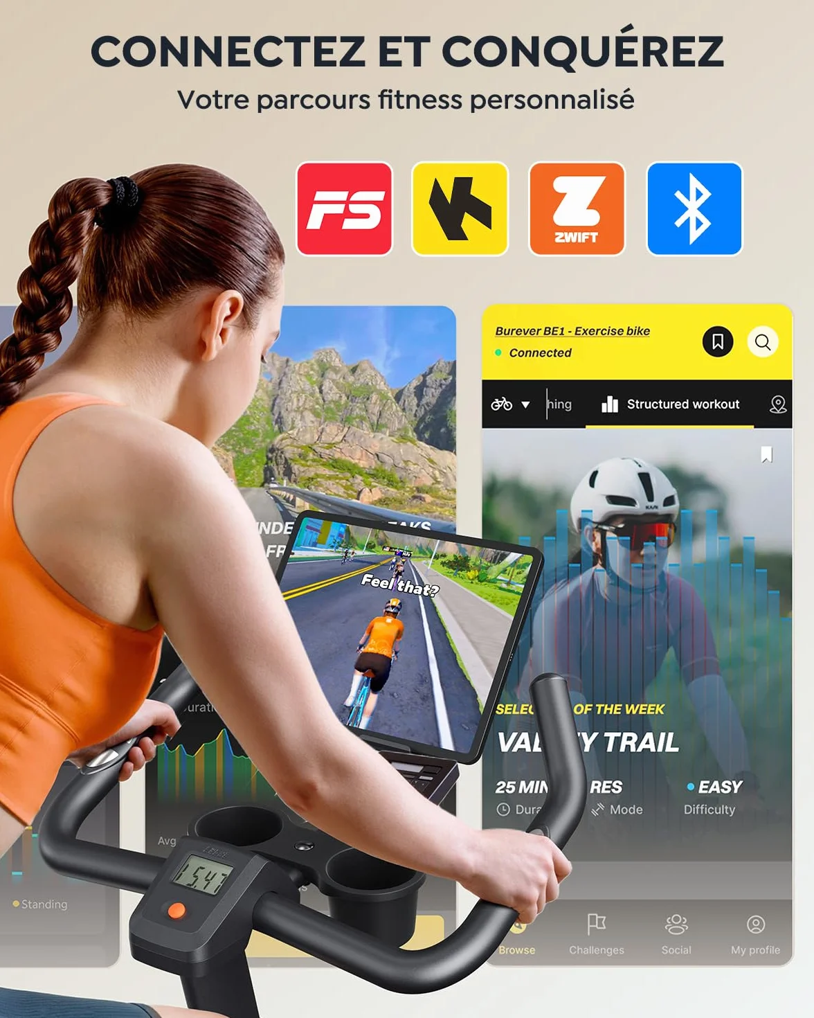 Vélo d'Appartement Connecté APP Ultra-Silencieux, Résistance Magnétique, Volant d'Inertie 15 KG, Capacité 160KG, Écran LCD Fréquence Cardiaque