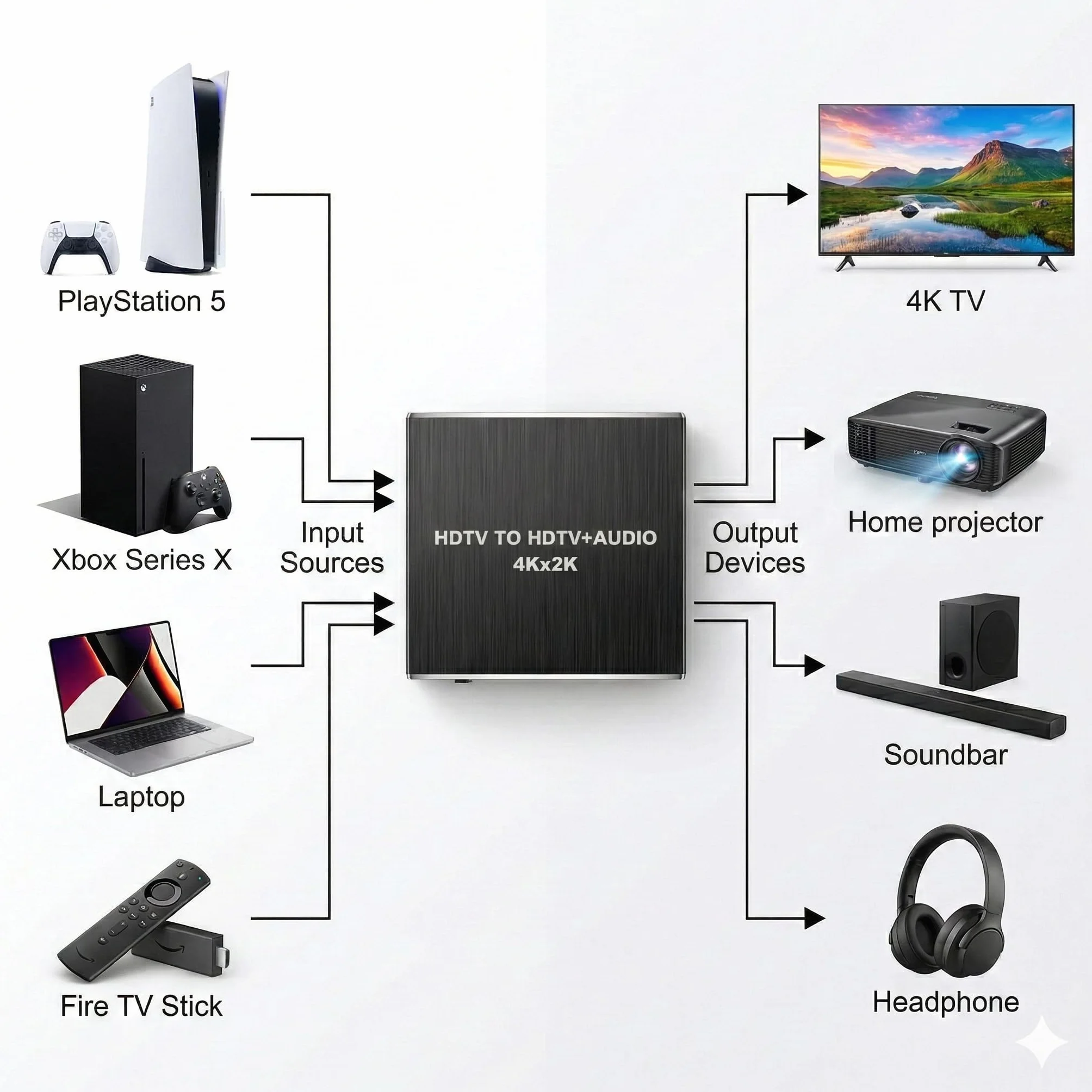 Extracteur Audio HDMI 4K Convertisseur vers Optique Spdif Toslink + Jack 3.5mm Stéréo, Adaptateur Splitter Audio Vidéo Séparateur de Son (3 Modes: Pass/2CH/5.1CH) pour PS5/PS4/Fire TV/Ampli
