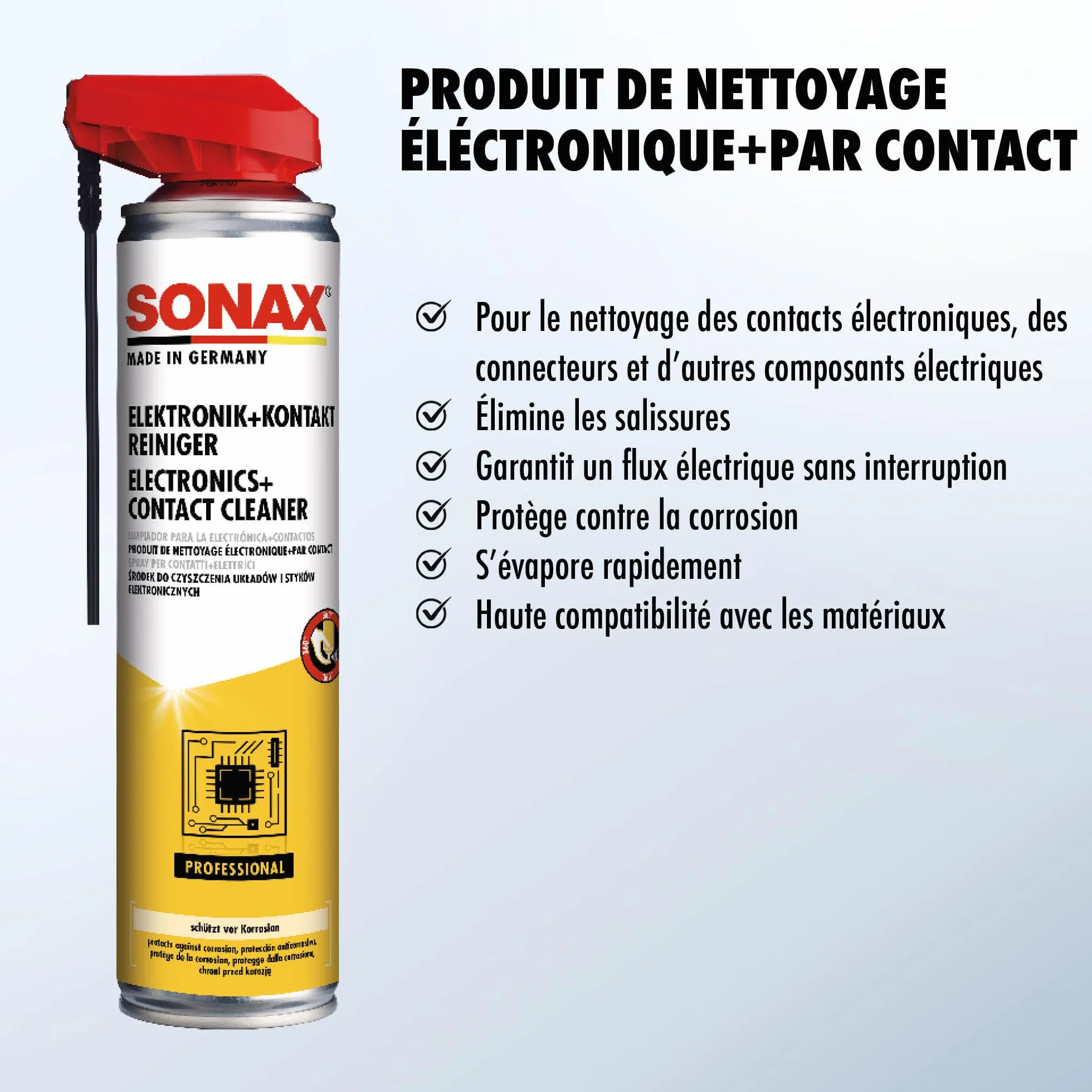 SONAX Produit de nettoyage pour contacts Électroniques (400 ml) nettoyant rapide pour connecteurs et composants électriques | Réf: 04603000