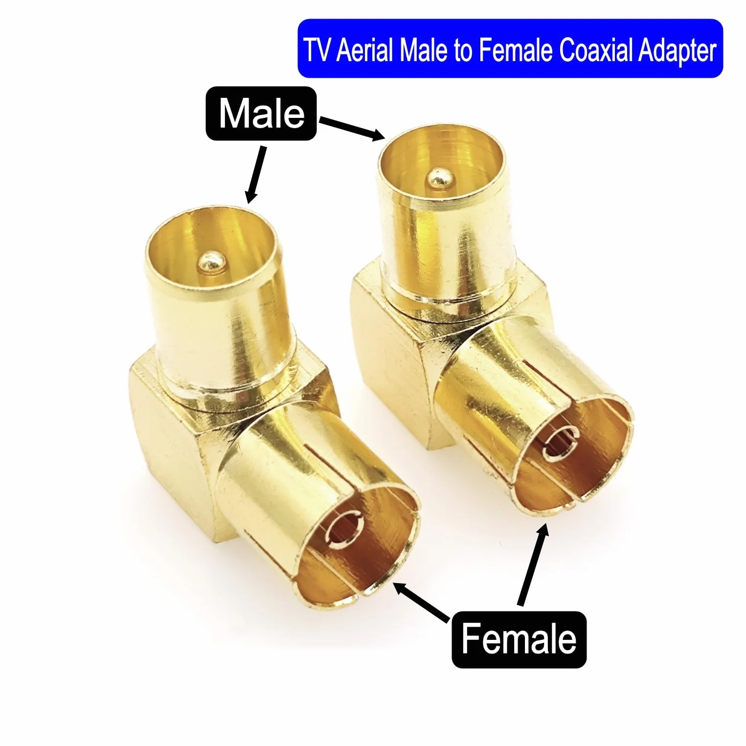 JZK 2X Adaptateur coaxial PAL mâle vers Femelle, plaqué Or, coudé à 90°, Compatible avec antennes, câbles Satellites, câbles TV, DVB-T et DVB-T2 HD