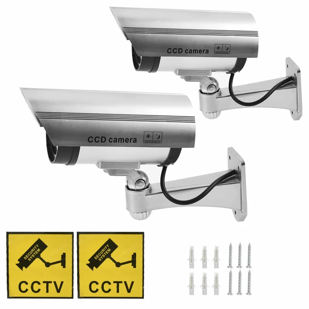 TIMESETL Camera Factice pour Exterieur et Intérieure 2Pcs Caméra Fausse Caméra de Surveillance Caméra Factice avec LED Infrarouge Clignotante Rouge d'avertissement, Caméra Fausse de Sécurit, Argent