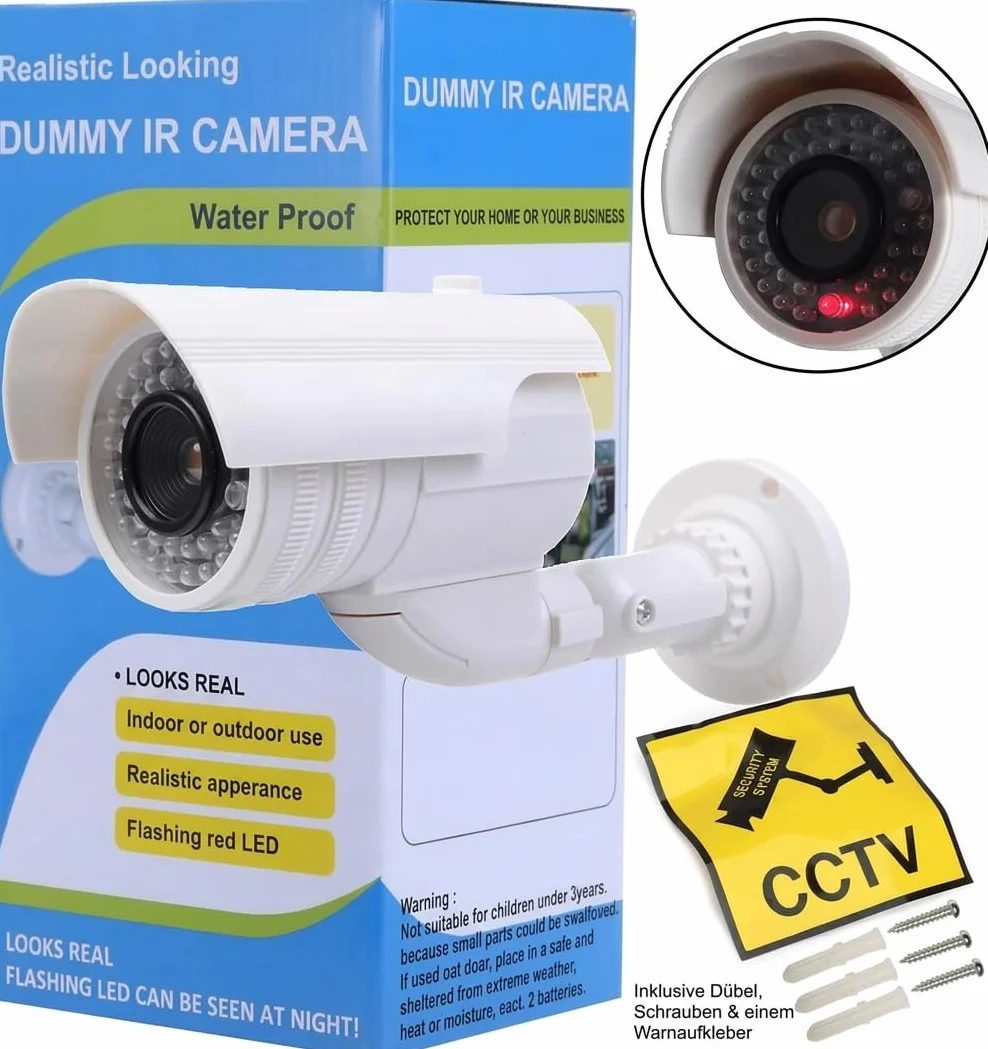 Caméra de surveillance factice avec LED clignotante dans un boîtier protégé contre les intempéries, fausse caméra de sécurité CCTV 720p pour l'intérieur et l'extérieur