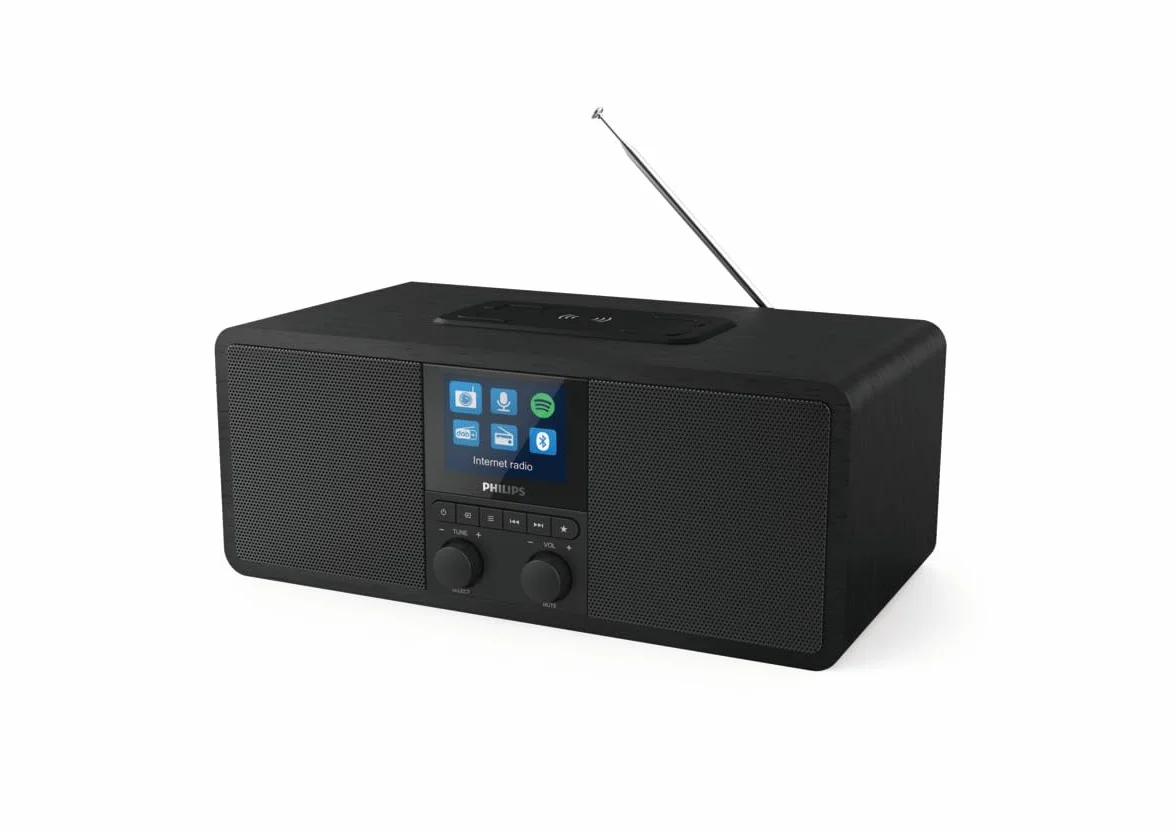 Philips R8805/10 Radio Internet, Radio Bluetooth avec Spotify Connect (Bloc de Chargement Qi pour téléphones Mobiles, USB, Mise en Veille programmable, Alarme duale) Noir