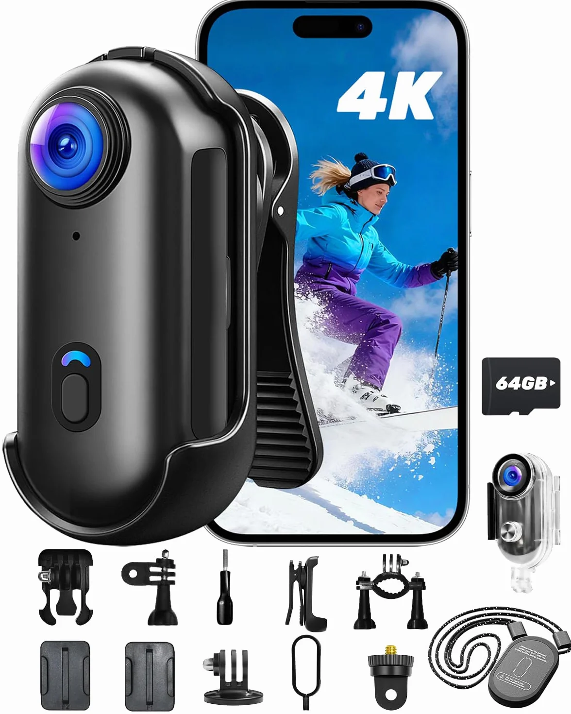 Camera Vlog WiFi, Camera Sport 4K Magnétique Mains Libres avec Clip Rotatif à 360°, Boîtier Etanche pour Promenades avec Animaux, Vélo, Voyages, Vlog, Dashcam Moto