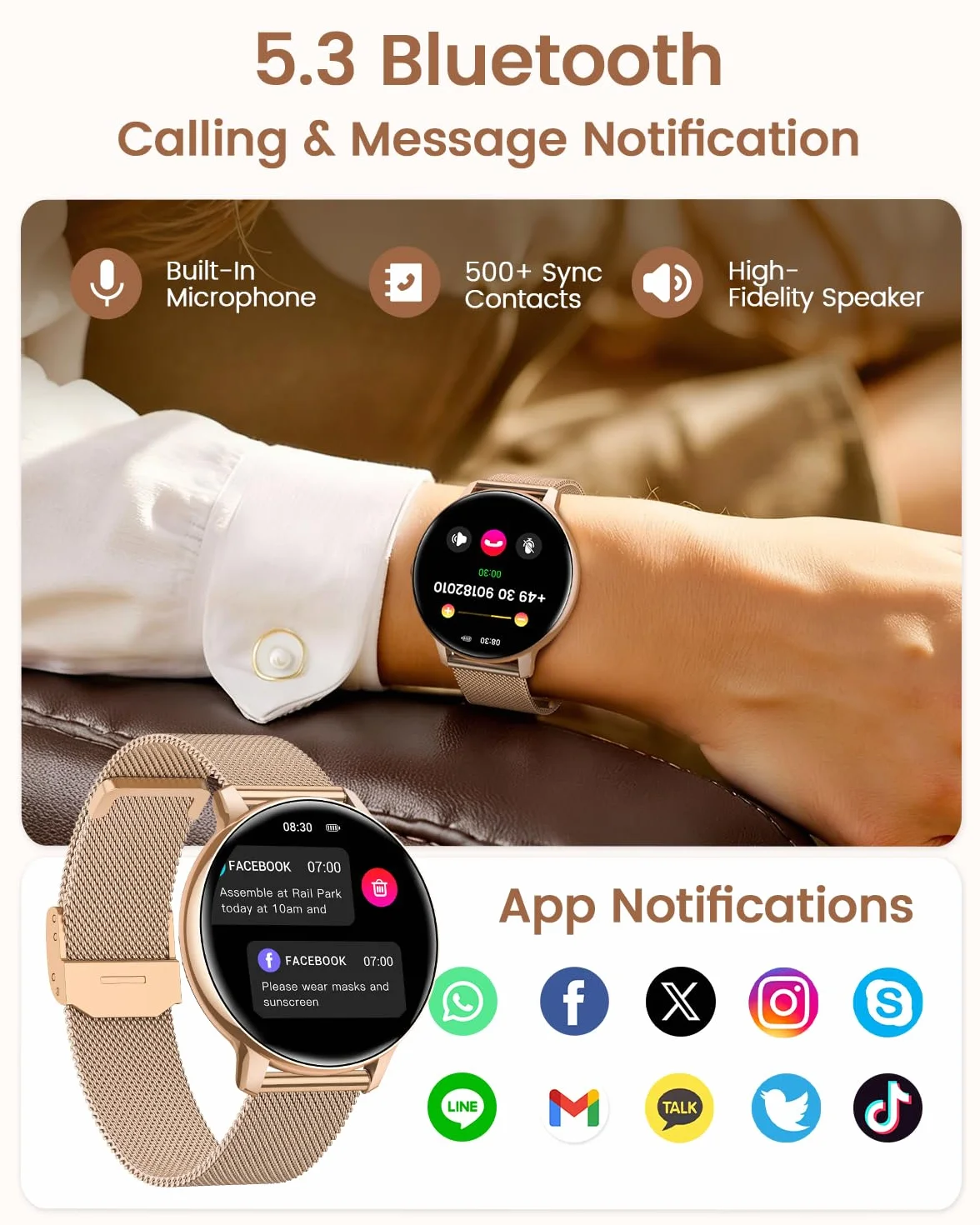 Montre Connectée Femme, 1.39" Smartwatch avec Appel Bluetooth, 24H Sommeil/Fréquence Cardiaque/SpO2 Fonction Féminine, 120+ Sportifs/IP68 Étanche Fitness Podomètre Compatible pour Android iOS, Or Rose