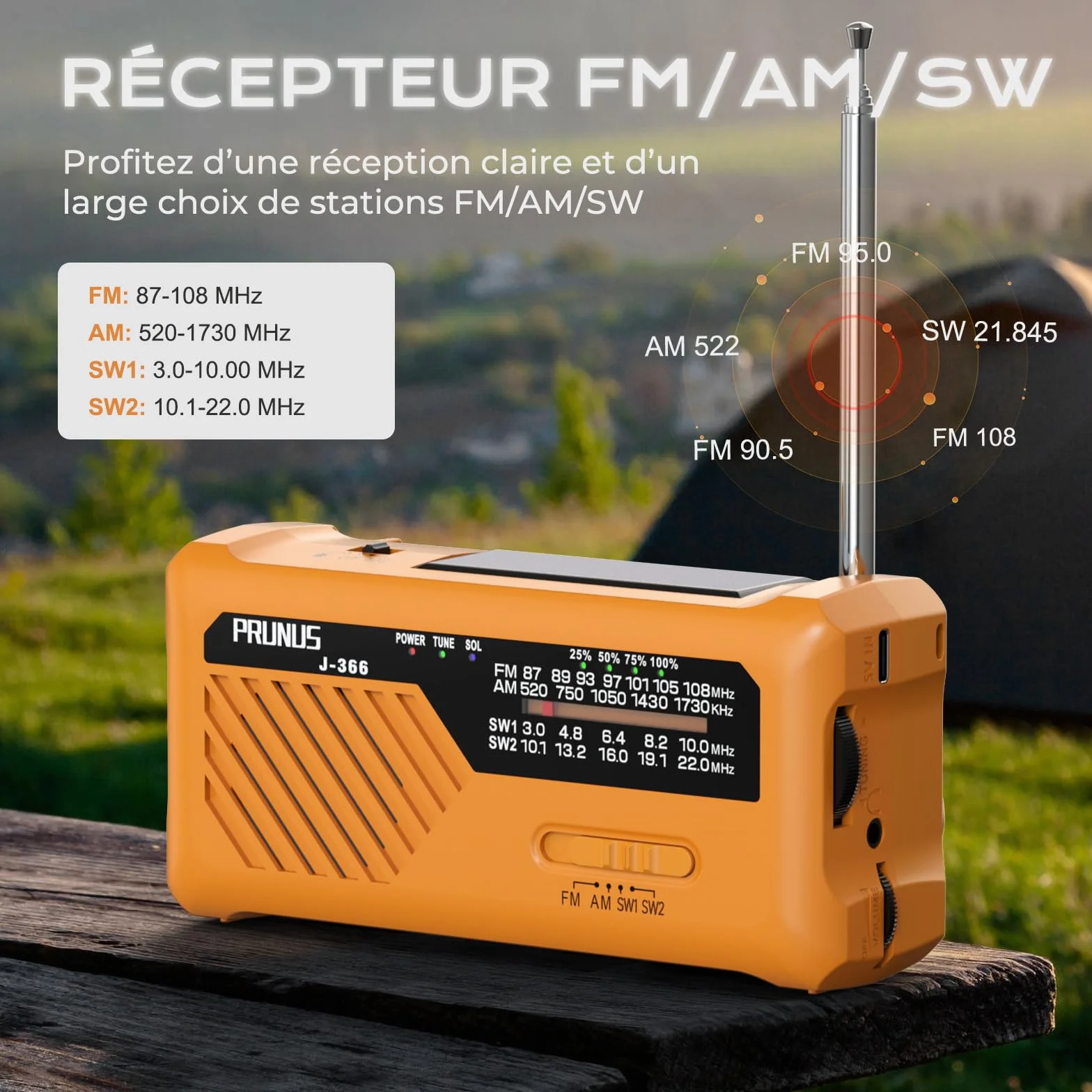 PRUNUS J-366 Radio Portable d'Urgence à Manivelle avec Batterie Rechargeable 2000mAh, Alarme SOS, Lampe de Poche, USB-C, Solaire