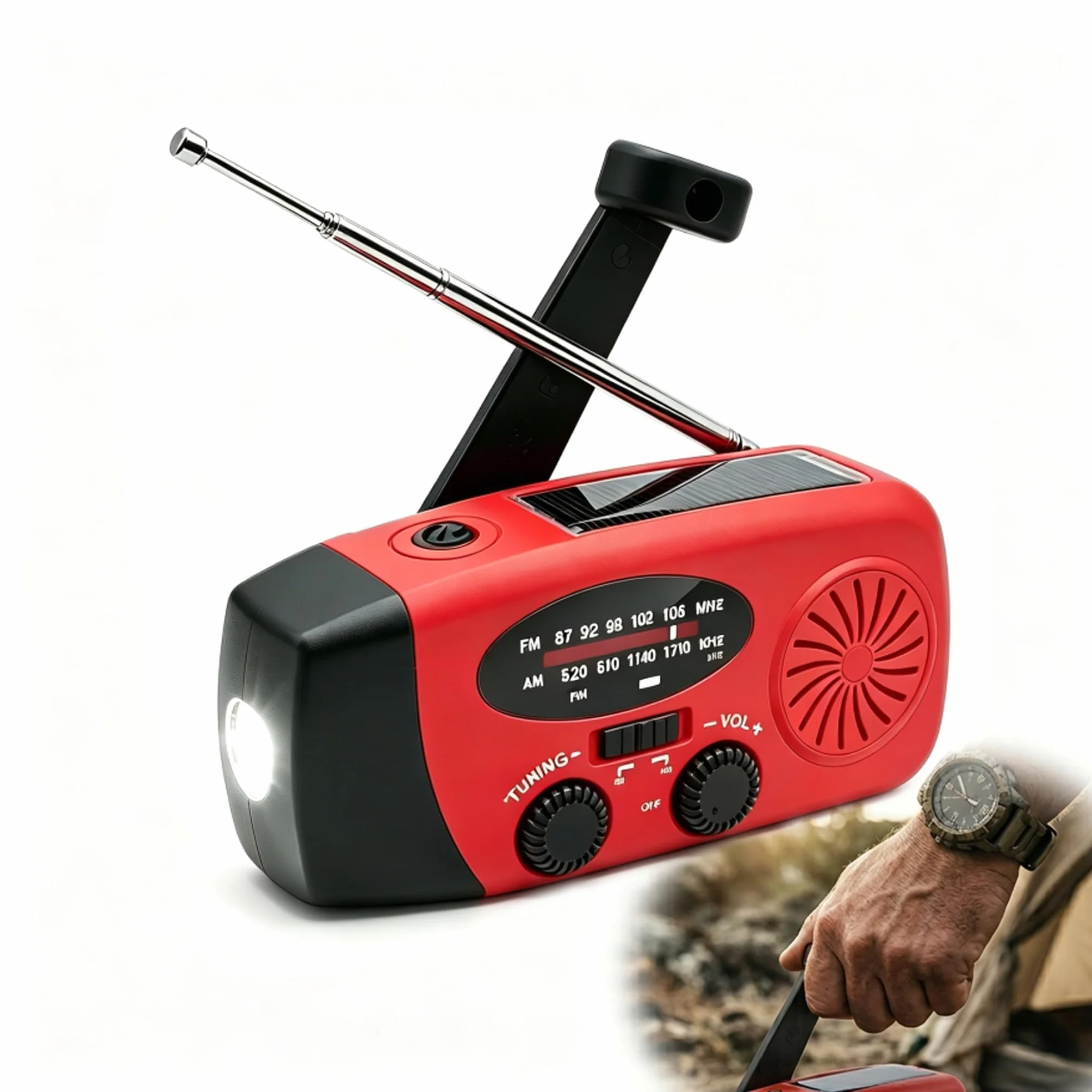 Radio Solaire Auto-alimentée 2000mAh AM/FM Portable à Manivelle Dynamo avec Lampe LED Alarme SOS Chargeur Téléphone Kit Survie Camping Rouge