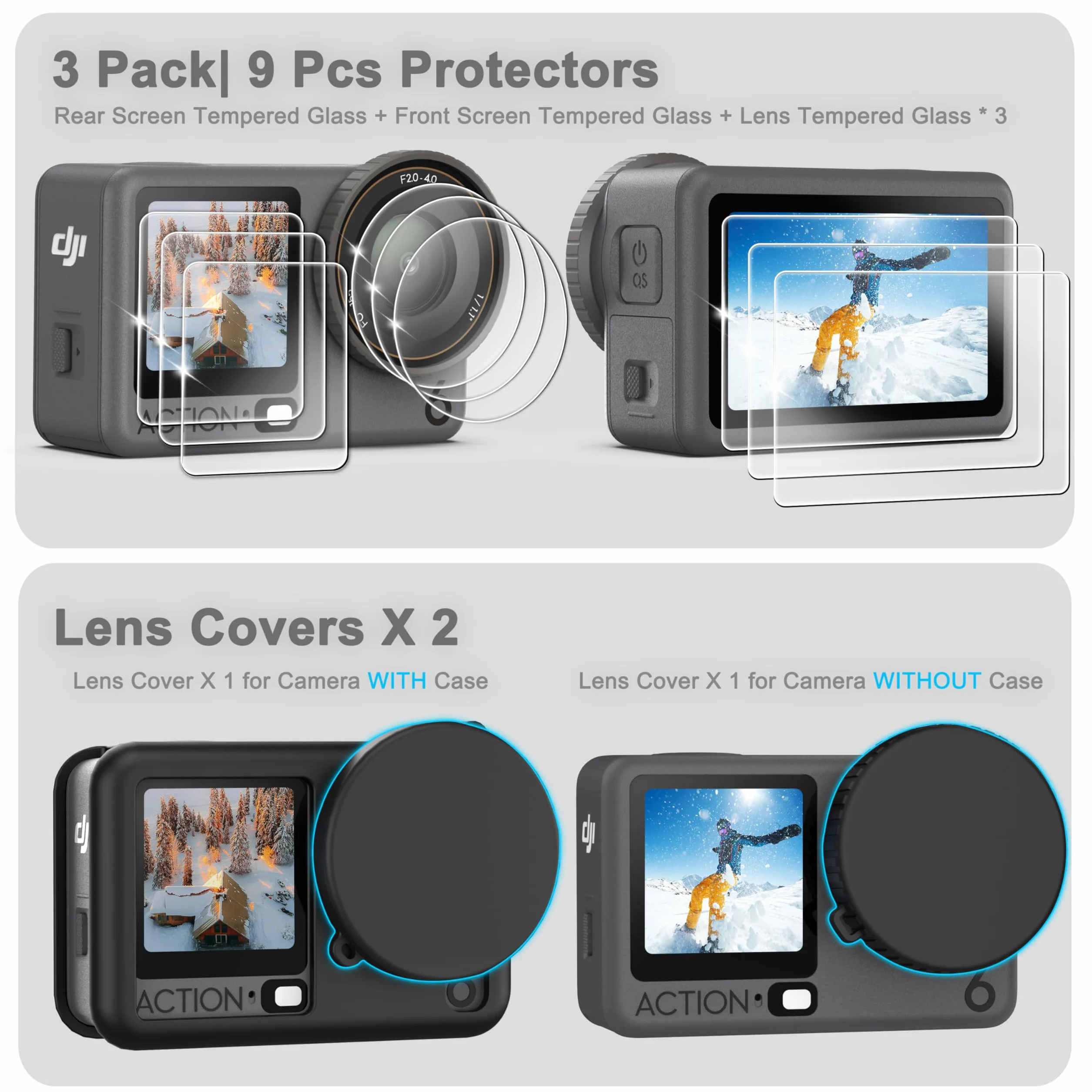 Étui en caoutchouc silicone + 3 protecteurs d'écran en verre trempé pour DJI Osmo Action 6