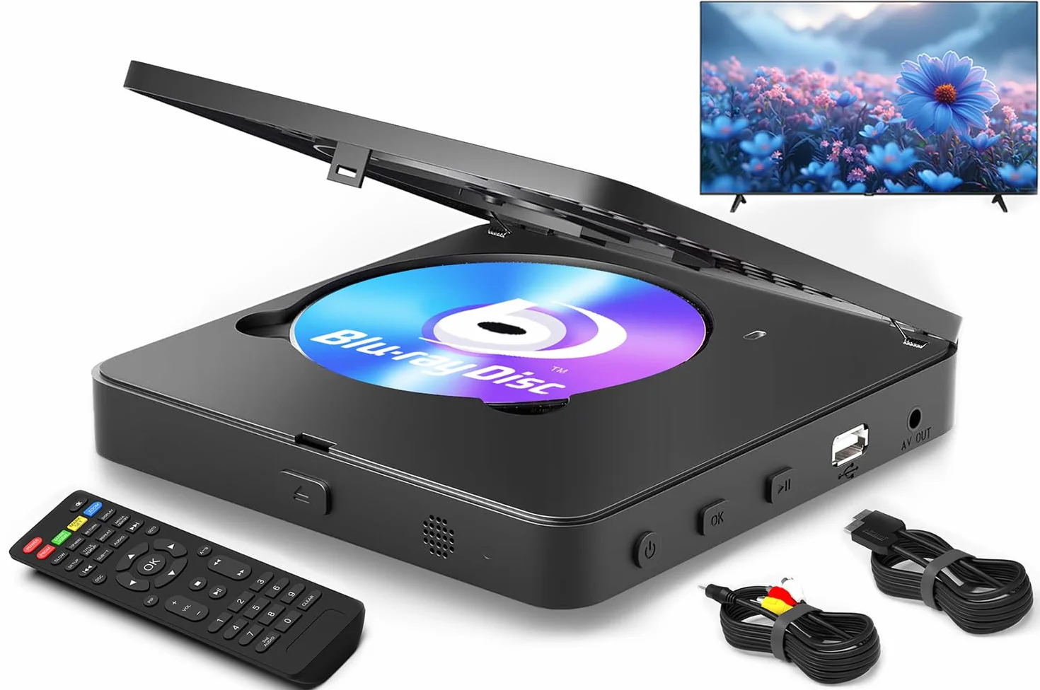 Lecteur Blu Ray 1080P Blu Ray pour home cinéma - Lecture de tous les DVD et région B 2 Blu Rays - Prise en charge d'une clé USB 128 Go avec sortie HDMI et AV - Convertisseur PAL NTSC et câble de