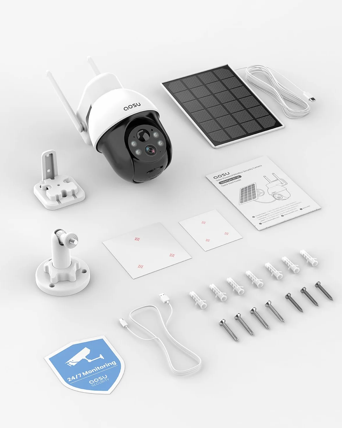 AOSU 3K Caméra Surveillance WiFi Extérieure sans Fil 5MP Solaire 360° PTZ Suivi Automatique Détection IA Personne/Véhicule Vision Nocturne Couleurs Alarme Lumineuse/Sonore 2 Pièces
