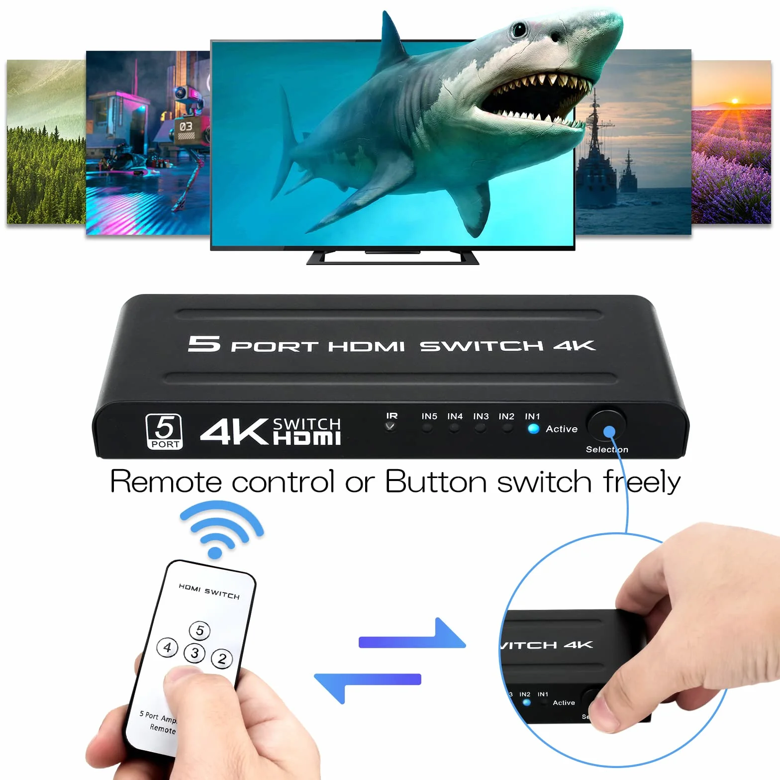 TCNEWCL 4K Switch HDMI 5 entrées 1 Sortie, 5x1 Commutateur 5 Ports avec Télécommande Prise en Charge 4K UHD 3D, Multiprise pour TV DVD PS4 Xbox Lecteur Blu-Ray