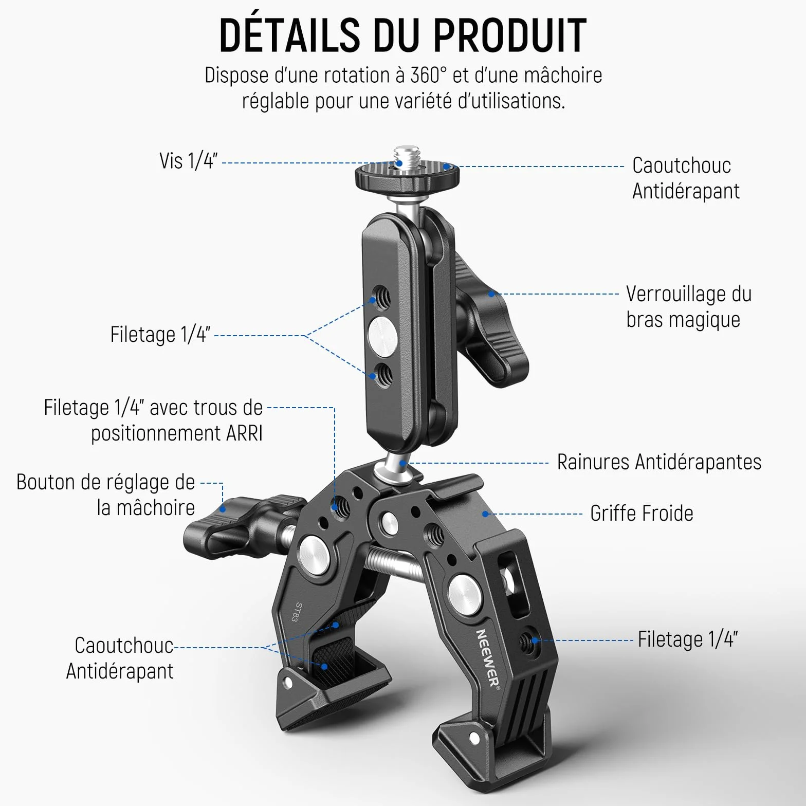 NEEWER Super Pince avec Bras Magique à Double tête sphérique de 7,6cm Griffe Froide Filetage 6,35mm Adaptateur Montage téléphone/action cam pour trépied Bureau Compatible avec SmallRig GoPro DJI, ST83