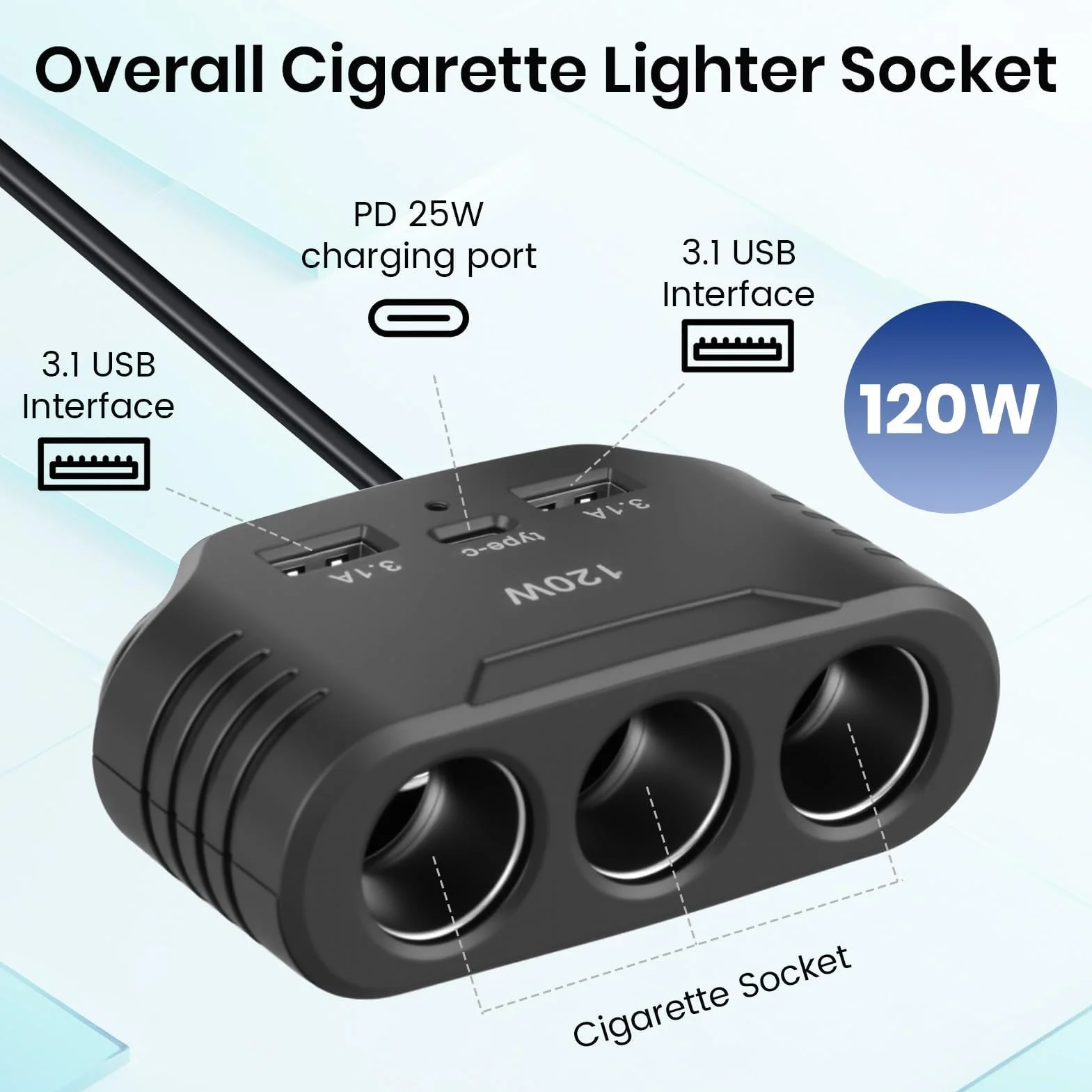120W Prise Allume Cigare 12V 24V, Adaptateur avec 3 Prises Allume-Cigare 2 USB-A Port 1 Type C 5V 3.1A, Multi Chargeur Splitter avec LED pour Tablette GPS Phone Dash Cam Caméra Voiture