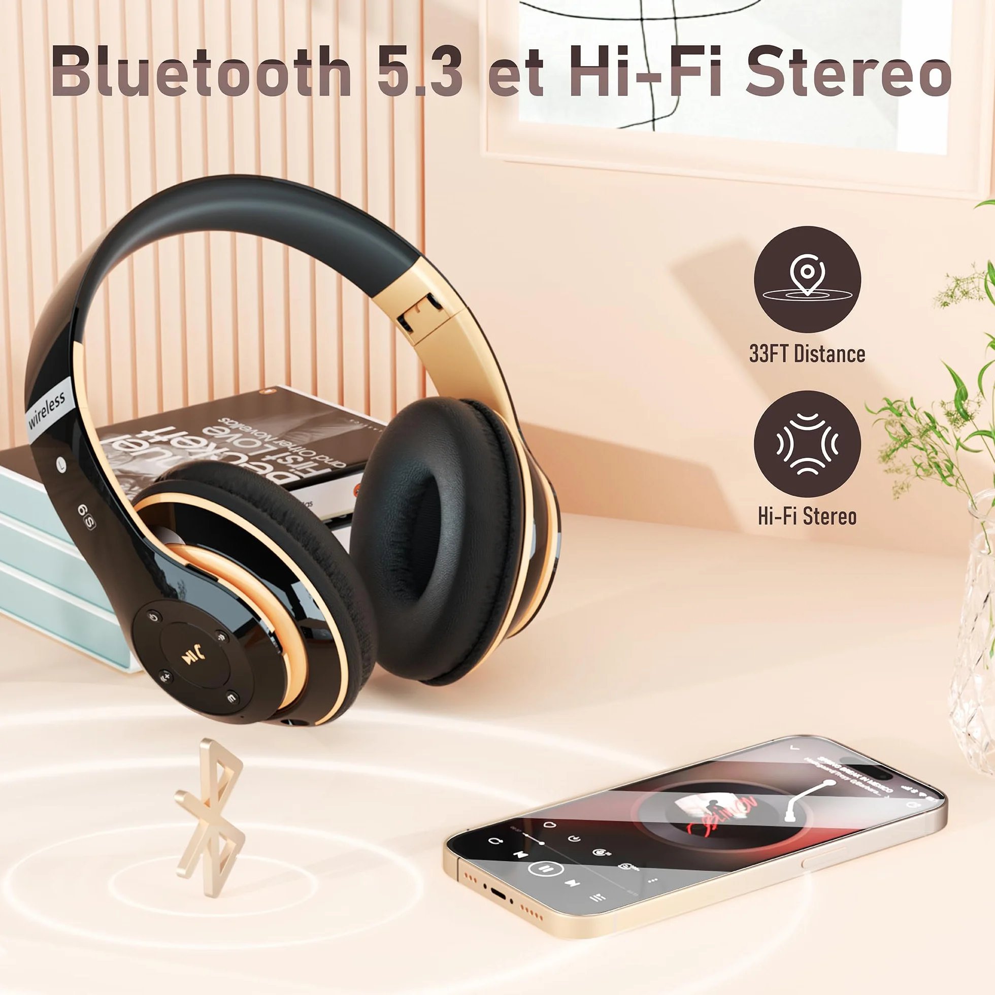 Casque Bluetooth sans Fil, Casque Bluetooth Supra-auriculaire avec 6 Modes d'égalisation, Casque sans Fil 65 Heures avec Microphone HD Intégré, FM, SD/TF pour l'extérieur, Le Transport