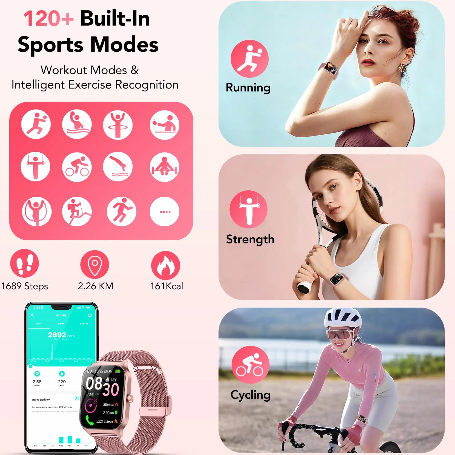 CASCHO Montre Connectée Femme avec Appel Bluetooth,1.85" HD Smartwatch Femme avec Fréquence Cardiaque/Sommeil/SpO2, 120+ Modes Sportifs, IP68 Étanche Fitness Tracker, Montre pour Android iOS Rose