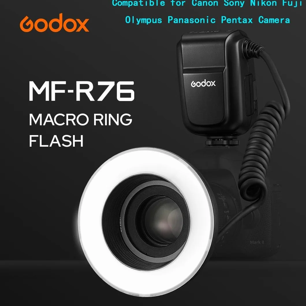 Godox MF-R76 LED Micro Ring Flash avec Batterie Li-ION 2600 mAh et Anneaux Adaptateurs d'affichage LCD pour Canon Sony Nikon Fuji Olympus Panasonic Pentax Flash Speedlight Speedlite Light