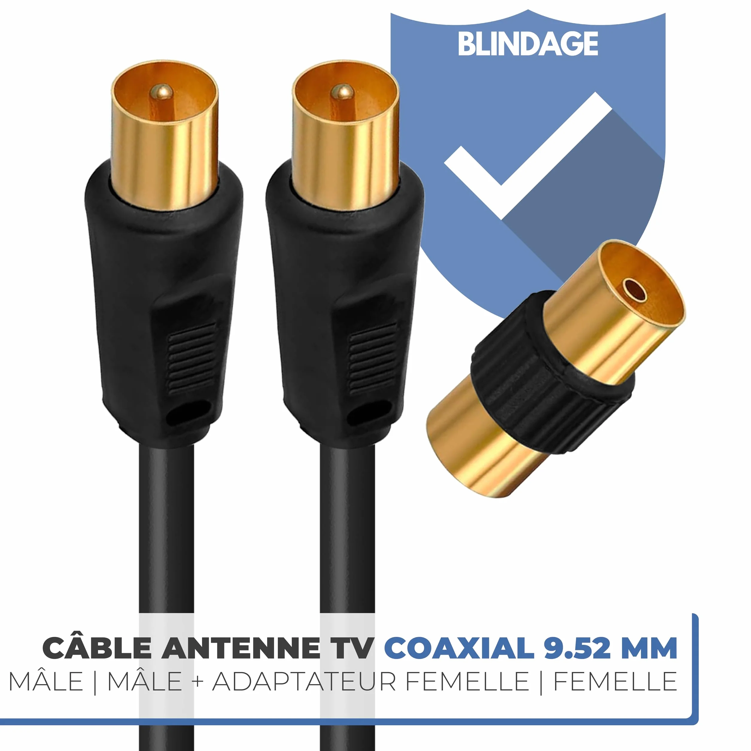 APM Câble TV Antenne 9.52mm, 5 Mètres, Connecteurs Gold Mâle/Mâle, Cordon Coaxial Noir avec Adaptateur Femelle/Femelle Inclus, Compatible TV Décodeur TNT Fiche Murale 9.52mm, 408026, 5m
