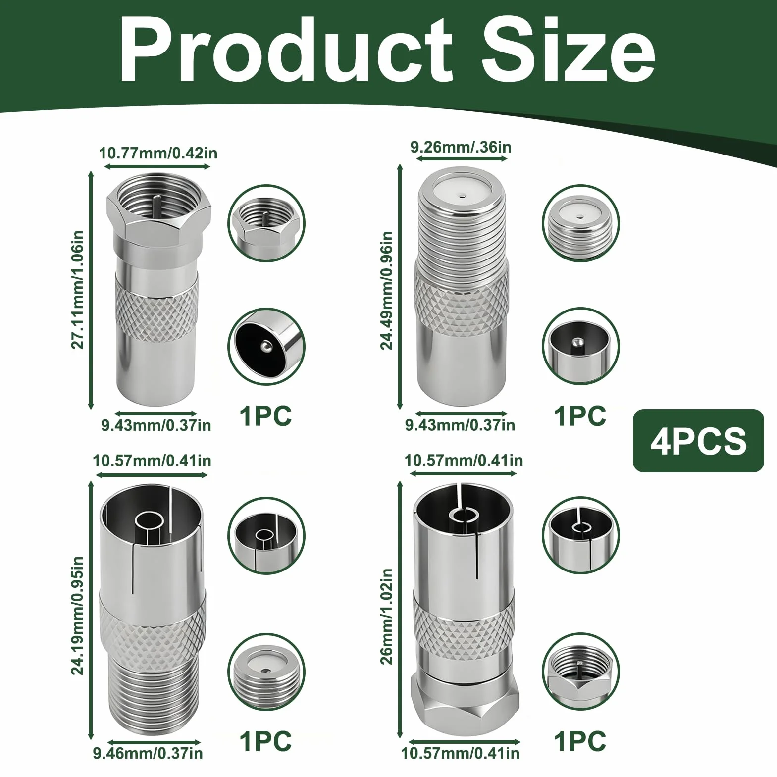 4 Pièces Adaptateur d’Antenne TV F Mâle vers Femelle, Adaptateur Coaxial TV, Connecteur Coaxial RF Nickelé pour Câble Satellite TNT Modem Routeur Récepteur, Raccord Antenne Murale Audio Vidéo