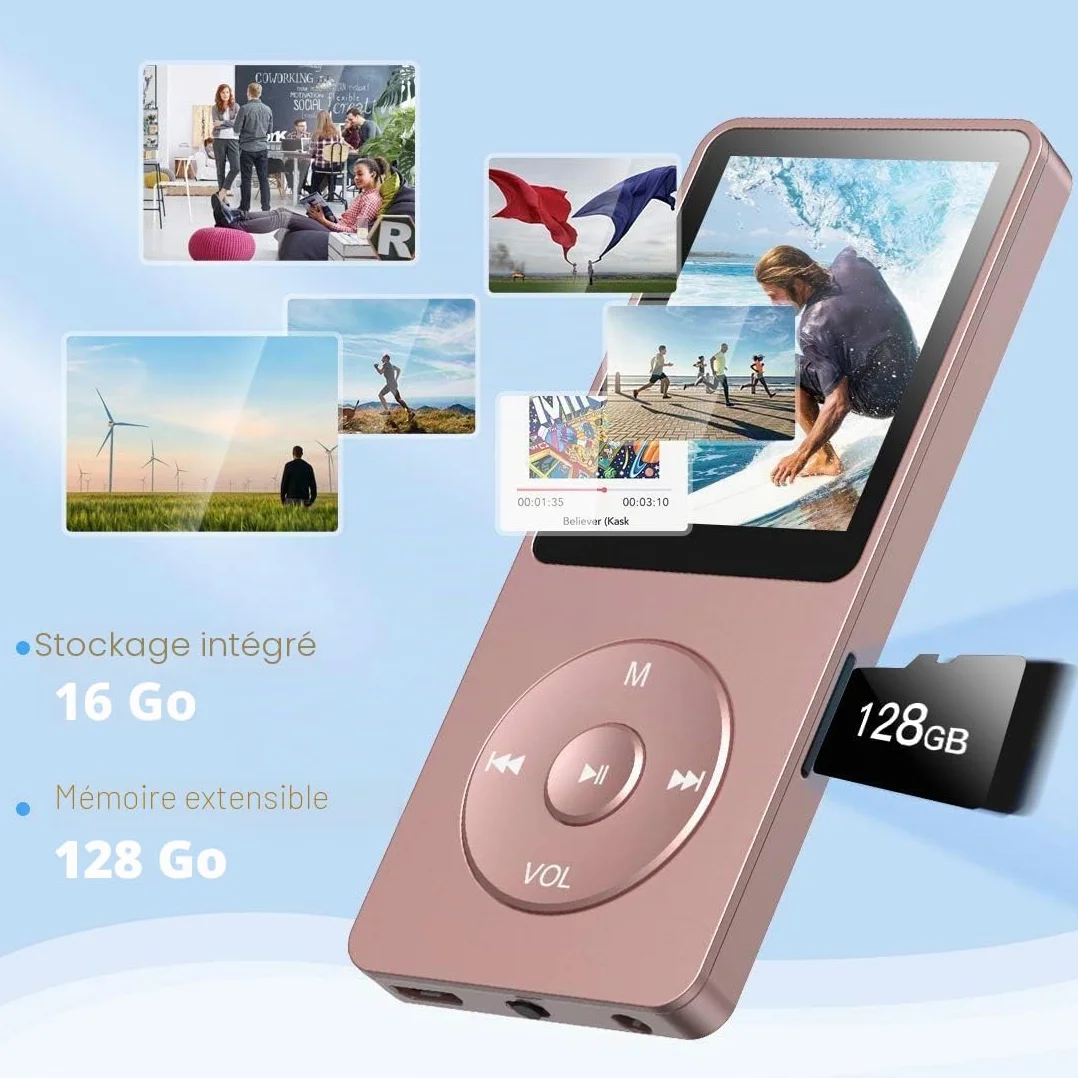 AGPTEK Mp3 Classique 16Go Ultra-Longue Autonomie 70 Heures Lecteur MP3 Sport Ecran 1.8 Pouces Enfant Adulte Or Rose
