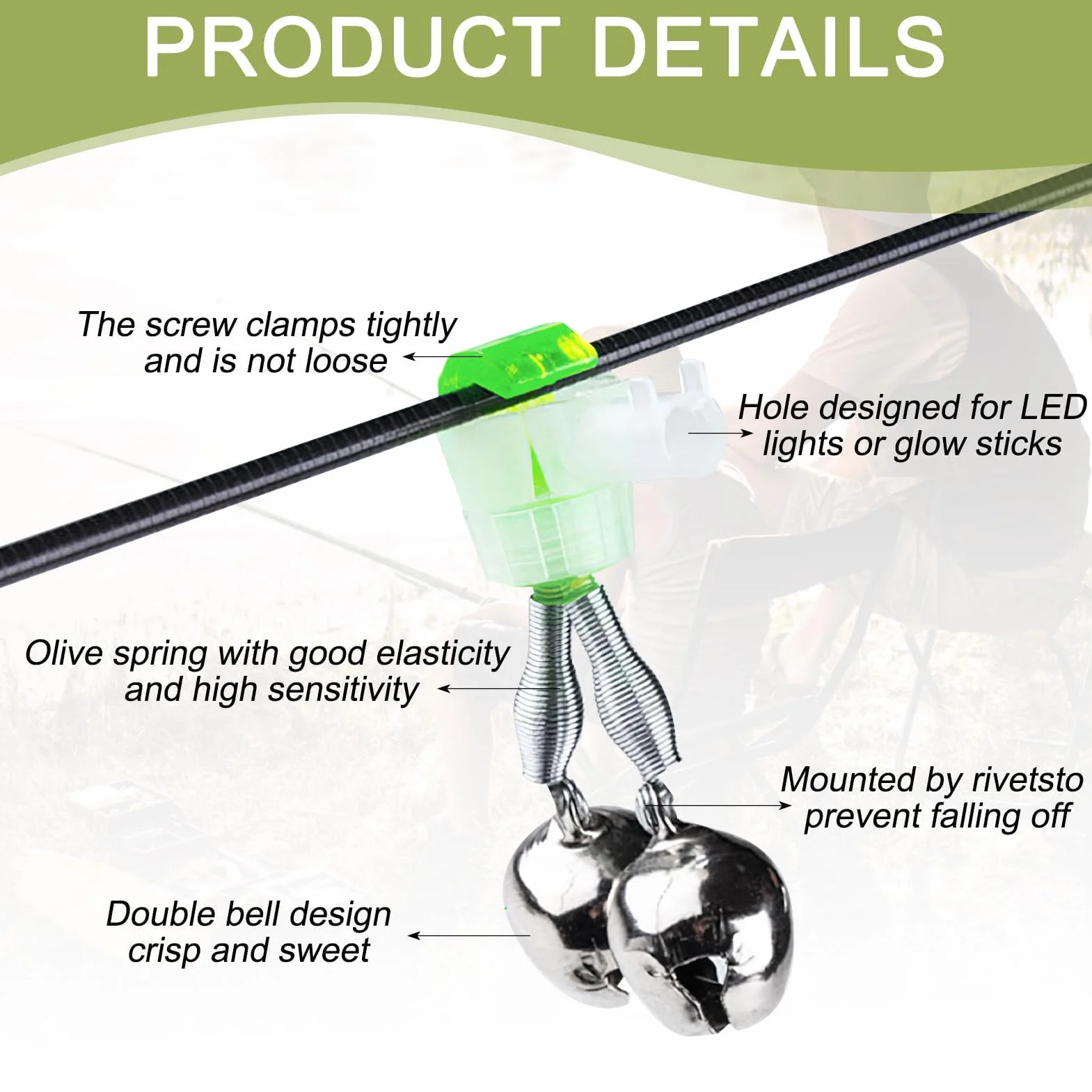 Lot de 20 Cloches de Pêche Clip en Spirale Lumineux Alarme Canne à Pêche Son Clair Fort Résistant Corrosion Nuit