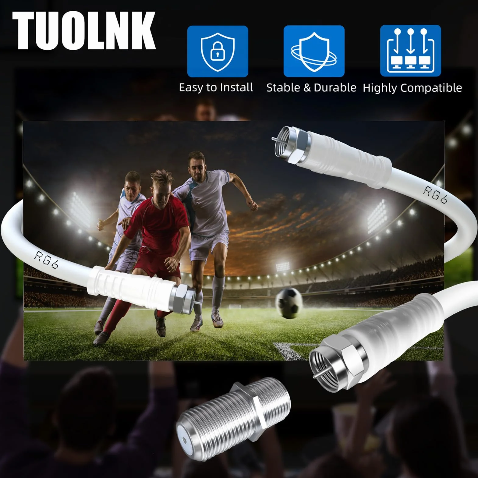TUOLNK RG6 Câble d'antenne TV F mâle RG6 câble coaxial avec connecteur F femelle 75 Ohm, pour décodeur câble, TV, satellite, 6,6 pieds (2 M)