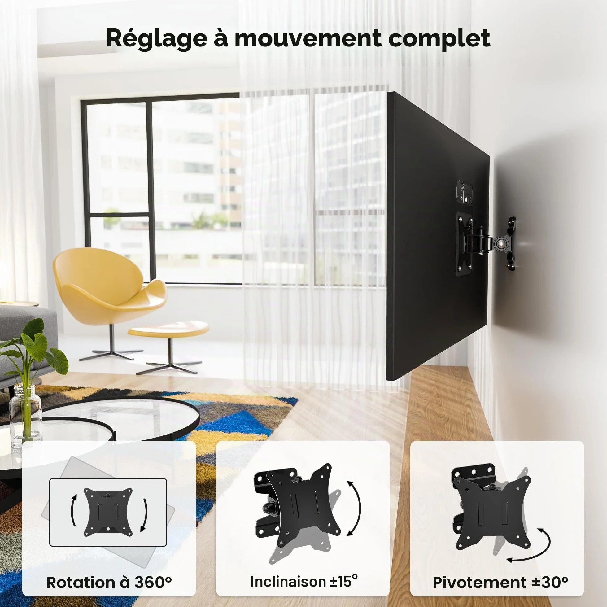 BONTEC Support TV Mural Inclinable et Orientable, Fixation Universelle pour Télévision et Moniteur Plat/Incurvé 13-30 Pouces, VESA 75x75/100x100mm, Charge Max 25kg, Rotation 360°