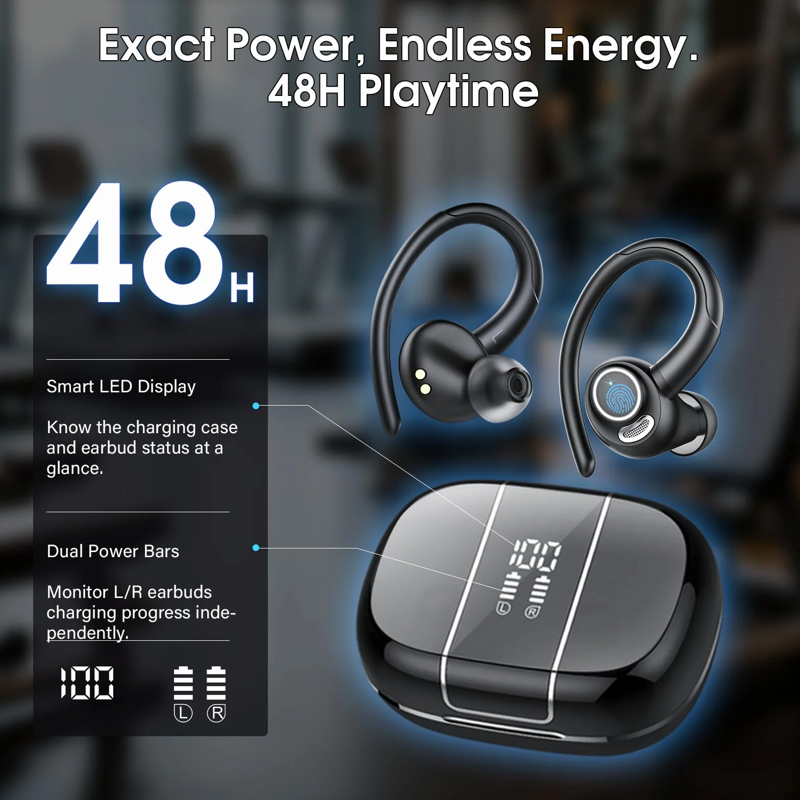 Ecouteurs Bluetooth sans Fil Sport, 2026 Bluetooth 5.4 Headphones avec HiFi Stéréo et ENC Mic, 48H Écouteur Sans Fil avec Écran LED, IPX7 Oreillette Bluetooth pour Sports/Voyages, Android iOS, Noir