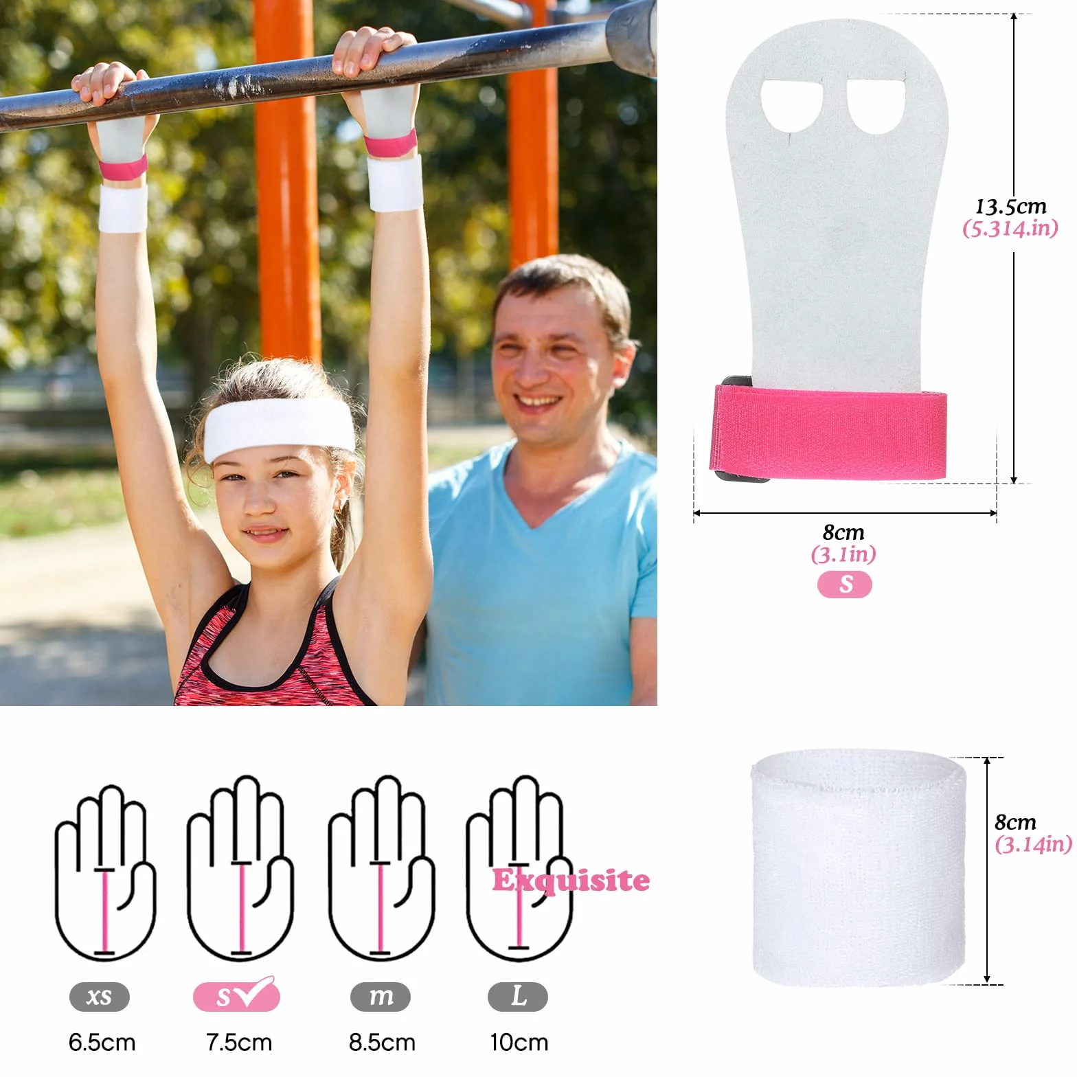 BBTO Manique Gym Poignées de Gymnastique Fille avec Bracelets Sweatband Bandeau Protection Palme et Poignet de Soutien Rose Blanc S