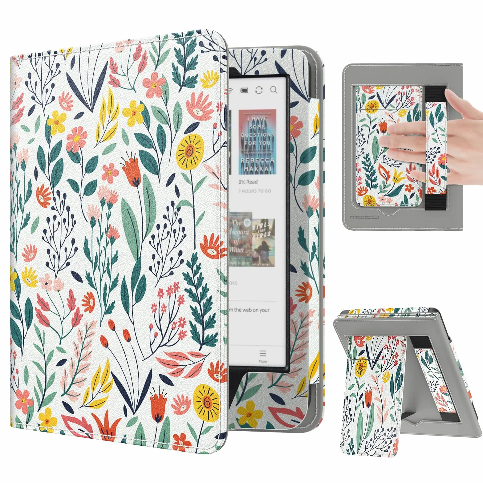 MoKo Étui pour Tolino Shine Color/Shine 5(2024)/4(2022) et Kobo Clara Colour/BW/2E 6", Coque Fine en PU avec Mise en Veille/Réveil Auto, Emplacement pour Carte, Dragonne et Support Pliable, Fleur