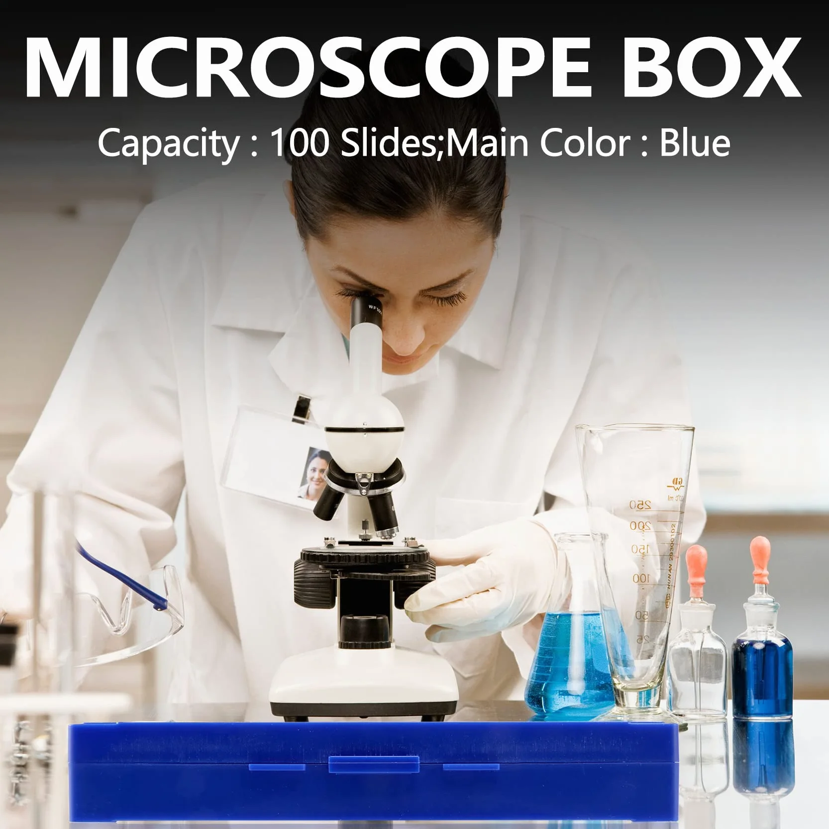 Boîte rectangulaire en plastique pour 100 lames de microscope Bleu roi