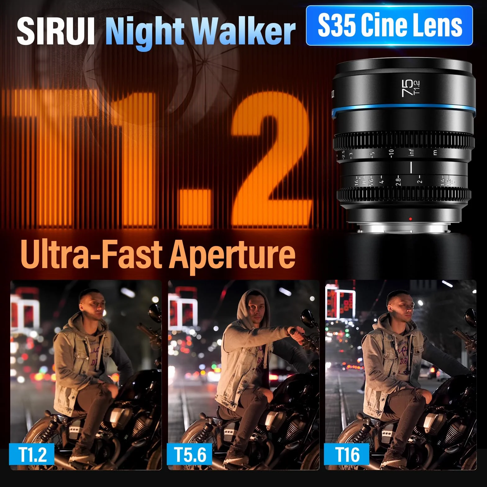 SIRUI Night Walker 75mm T1.2 S35 Objectif Cinéma Manuel Focale Fixe Compact pour Monture X Noir