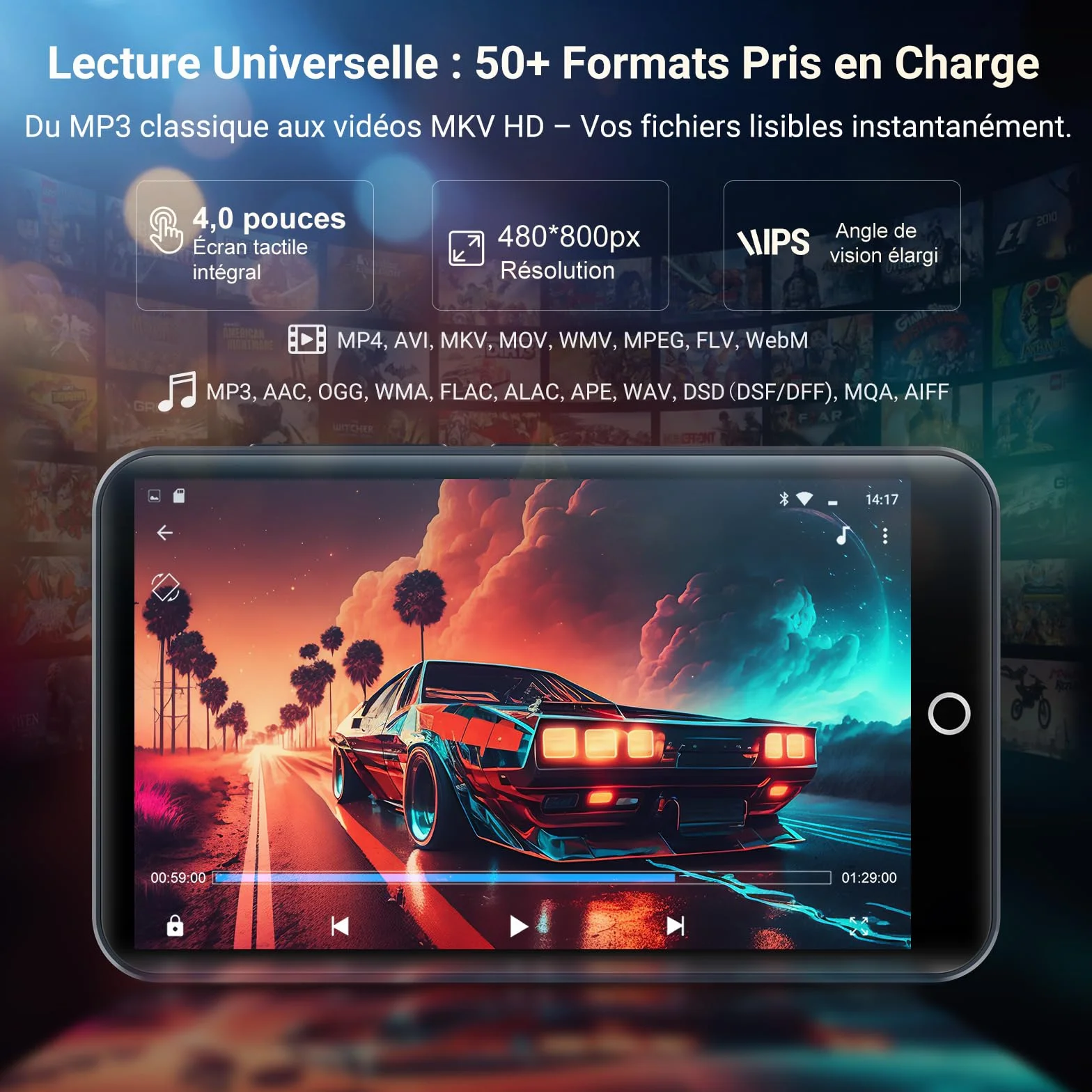 MECHEN 96 Go Lecteur MP3 Android WiFi Bluetooth Écran Tactile 4 Pouces Batterie 2000mAh 1 To Extensible