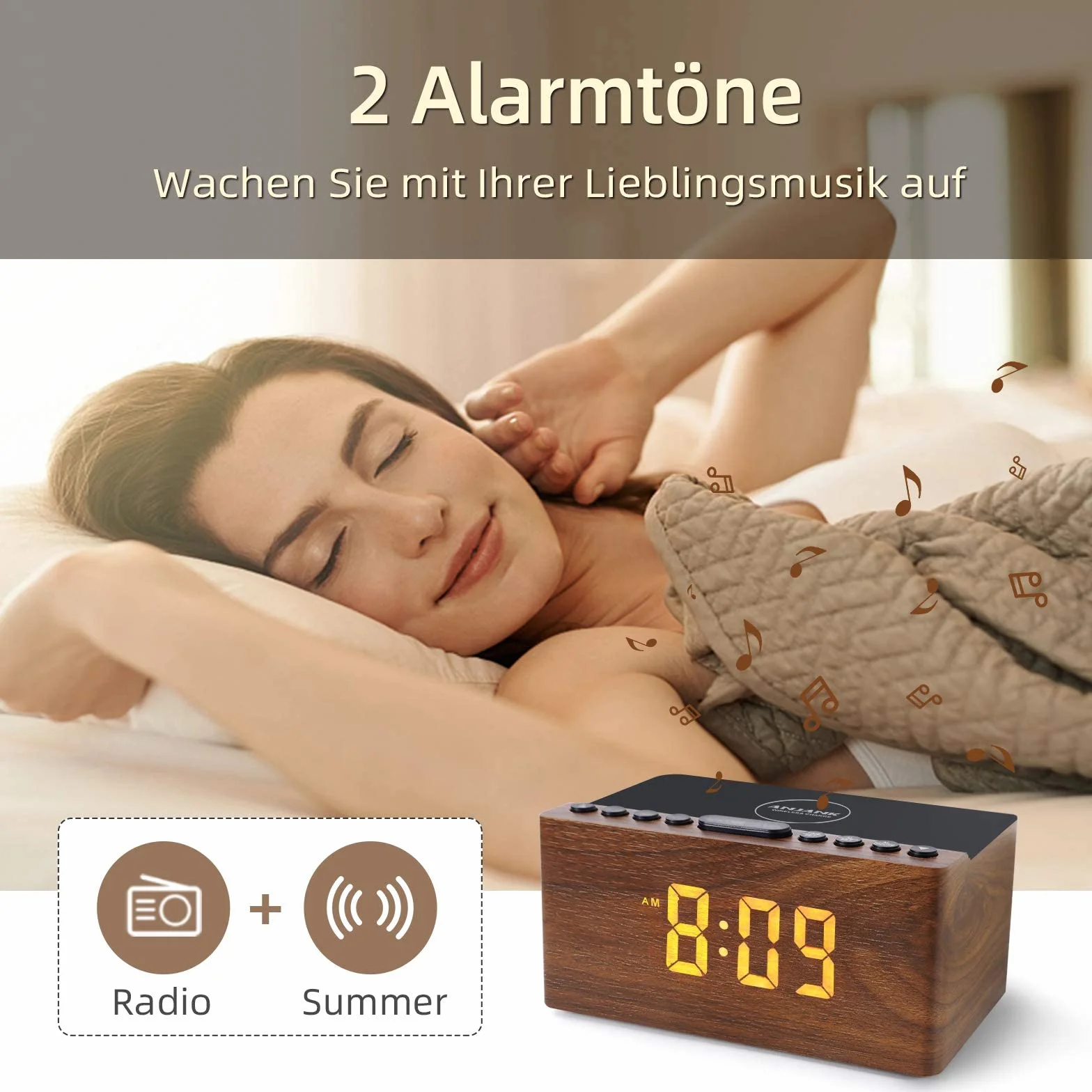 Radio Réveil Numérique en Bois avec Radio FM,Station de Charge sans fil Rapide Pour iPhone/Samsung Galaxy,Alarm Clock et Affichage LED,Variateur à 5 Niveaux,Port USB,Minuterie de Sommeil, Marron