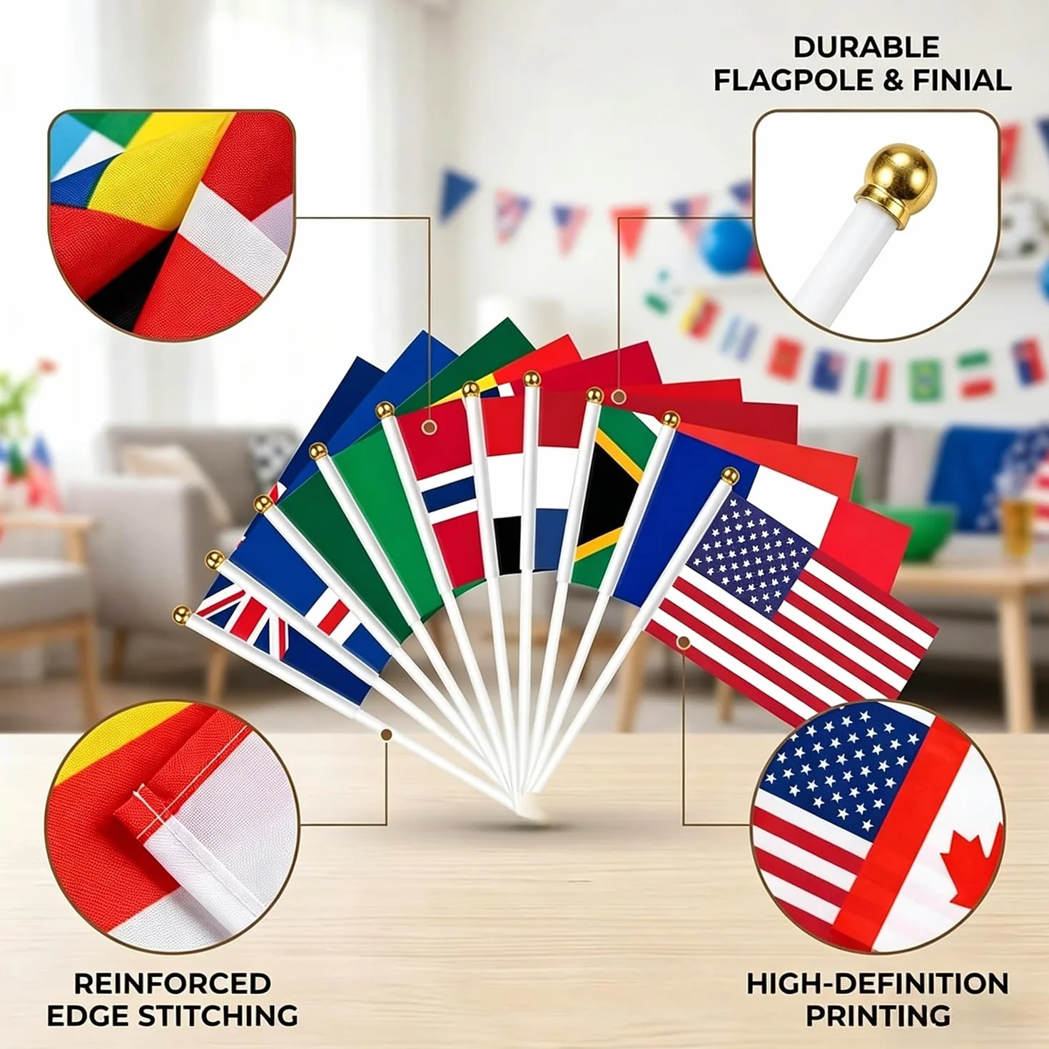 Drapeaux Coupe du Monde Football 2026, Mini Drapeaux 48 Pays, 14x21cm, avec Bâtons