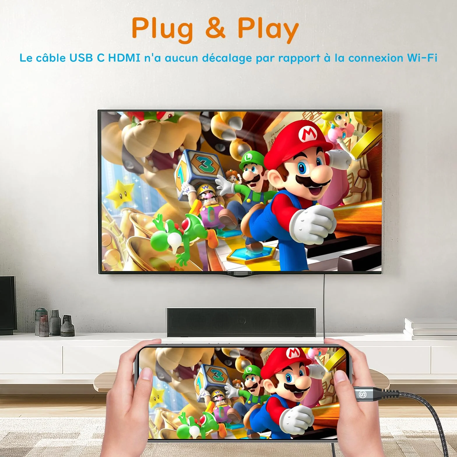 Adaptateur USB C vers HDMI 4K UHD, Câble HDMI USB C 3M, Compatible Thunderbolt 3/4