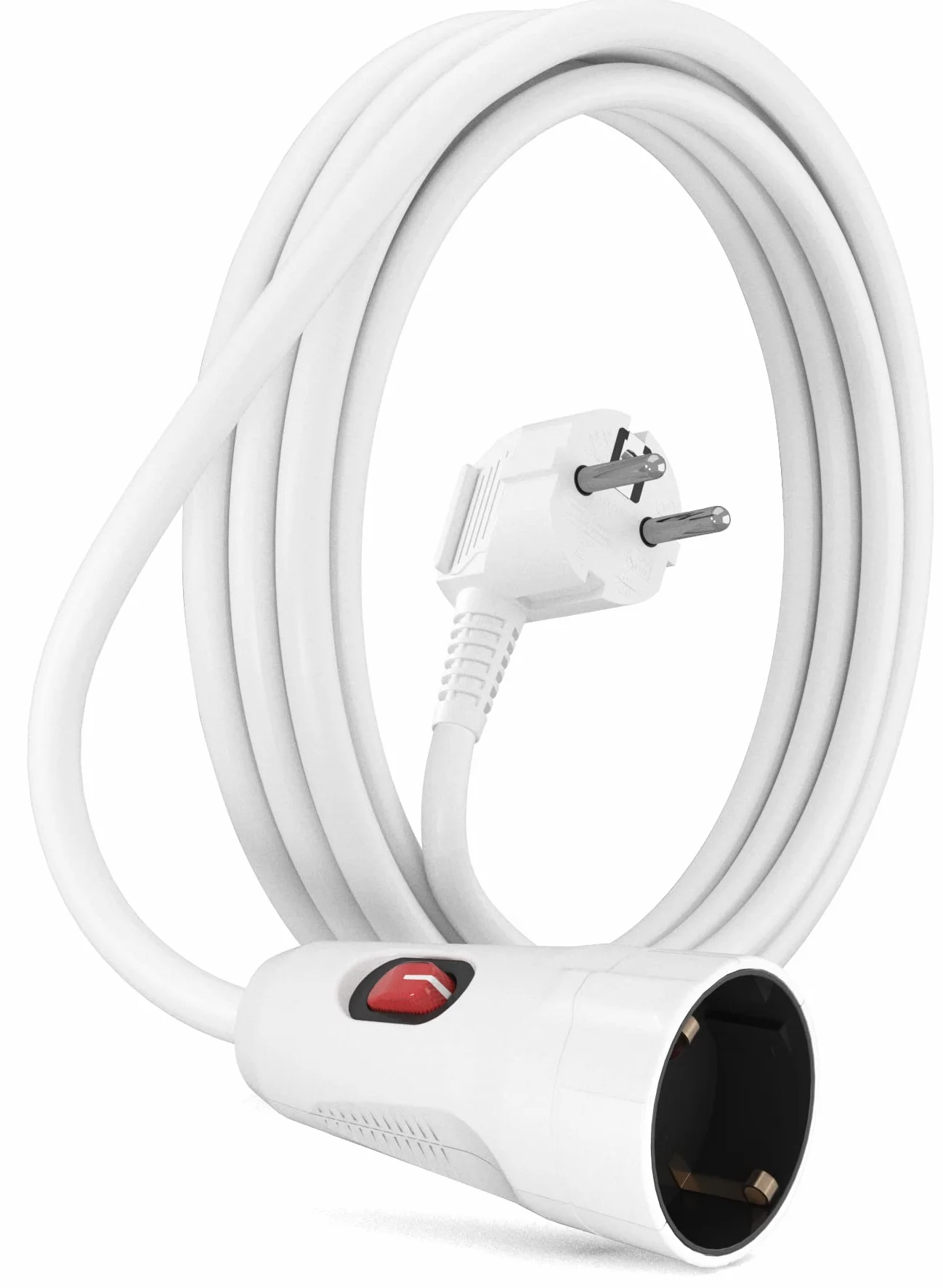 MutecPower 3 mètres Rallonge avec Interrupteur sur la fiche Rallonge Schuko avec Interrupteur de sécurité - Fiche coudée à 90° - Contact et couplage de Protection IP20 jusqu'à 250V 16A - 3m Blanc