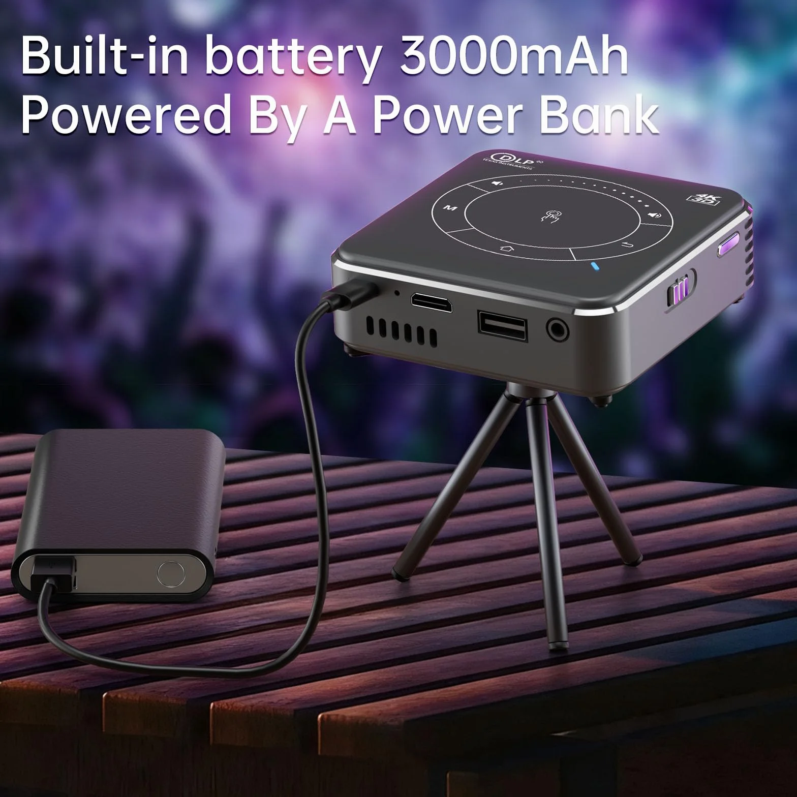 Mini Vidéoprojecteur DLP Pico Projecteur avec Batterie, 1080P, WiFi 6, Bluetooth 5.0, Portable avec Trépied