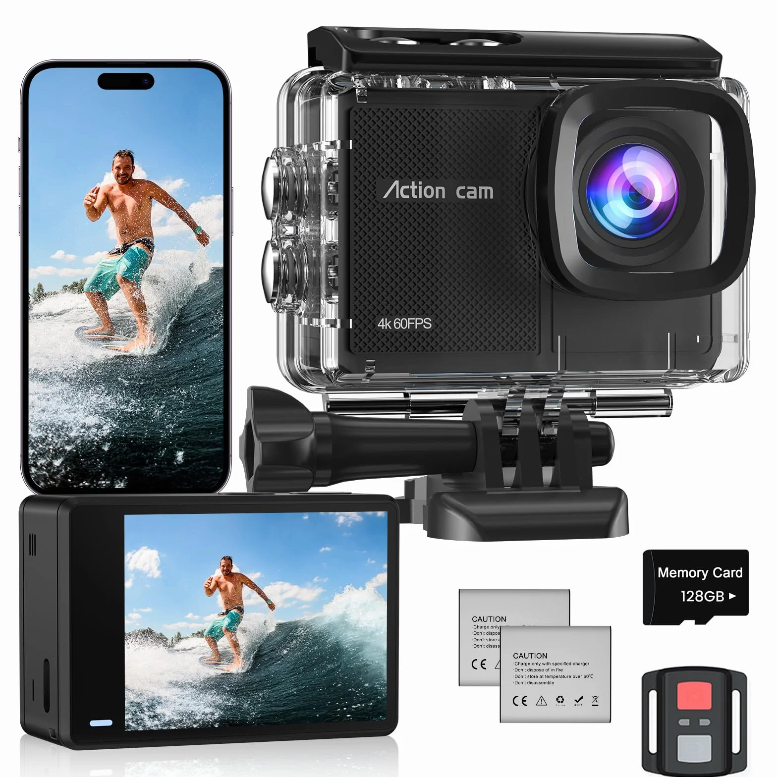 4K60FPS Caméra Sport 48MP Caméra d'action avec 128GB Carte,40M Caméras Étanche,EIS Caméra sous-Marine 170° avec WiFi Télécommande,2 * 1350 mAh Divers Accessoires